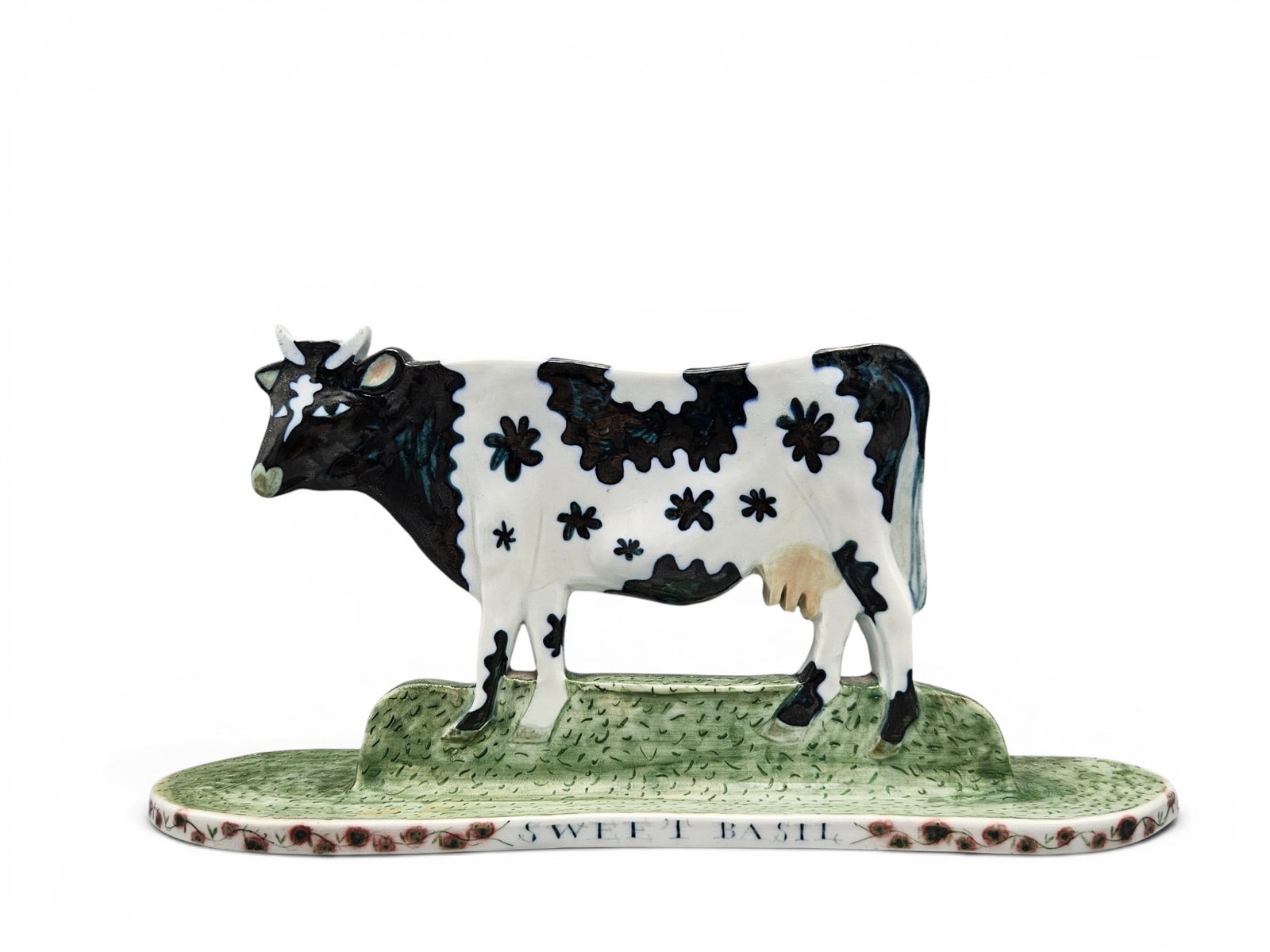 1992 Mara Superior Porcelain Sweet Basil Cow: A Mara Superior glazed and underglazed porcelain flat cow figure titled "Sweet Basil". Signed and dated 92. | You have additional shipping options, and are not required to use Live Shipping. Additiona