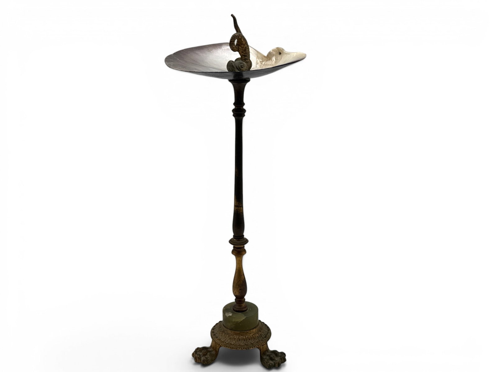 Art Deco Bronze Smoking Stand with Dolphin and Shell: A diminutive Art Deco-era bronze smoking stand with dolphin-form finial and abalone shell ashtray, terminating on a paw foot base. 18in tall x 7in wide. | You have additional shipping options, and are