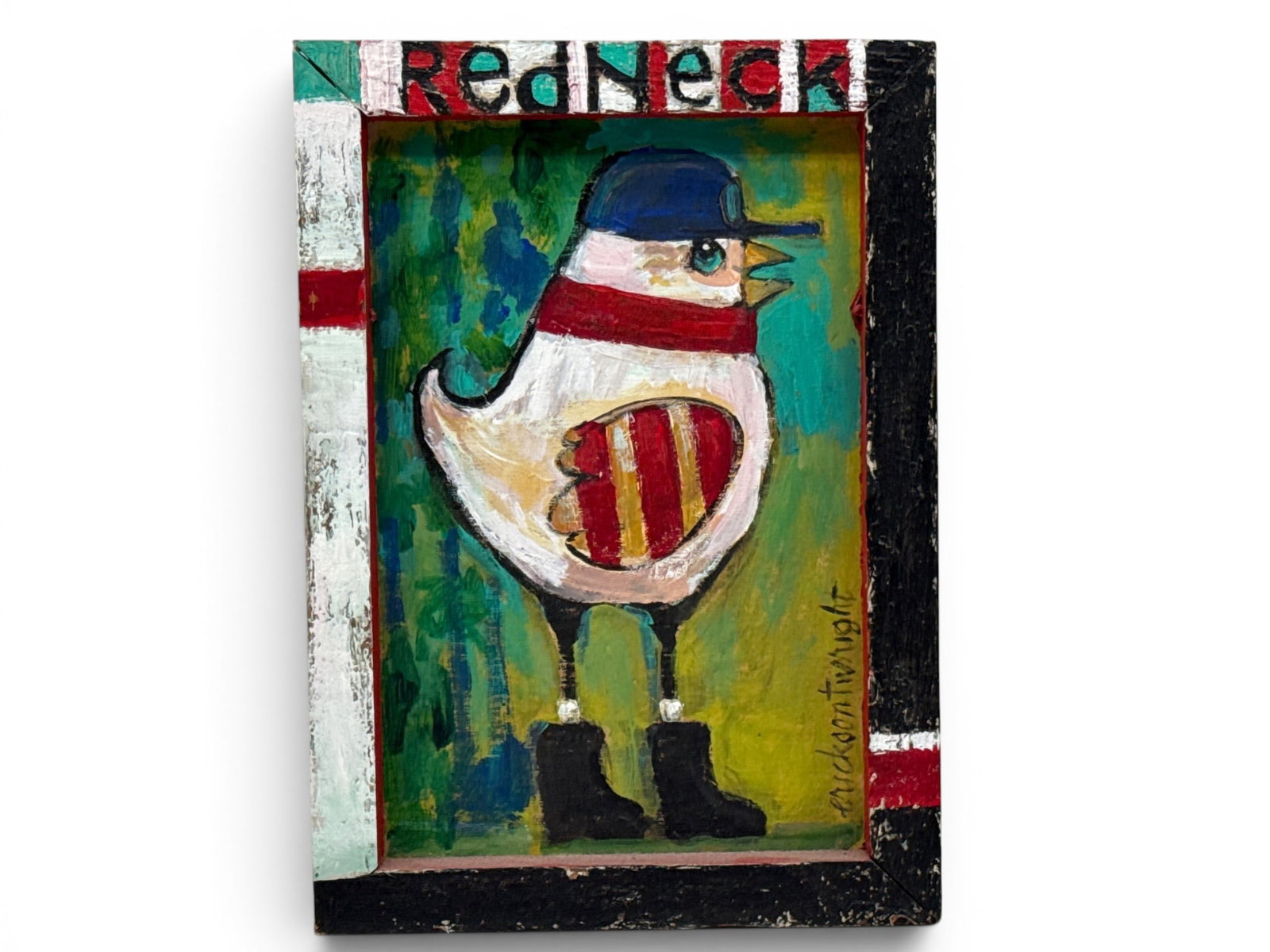 Erickson T. Wright Oil/Plywood: Redneck: Erickson Wright (American, Contemporary). A folk art oil on plywood painting titled "Redneck", depicting a colorfully dressed bird wearing a baseball cap. Signed. 11in x 8in. | You have additional shi