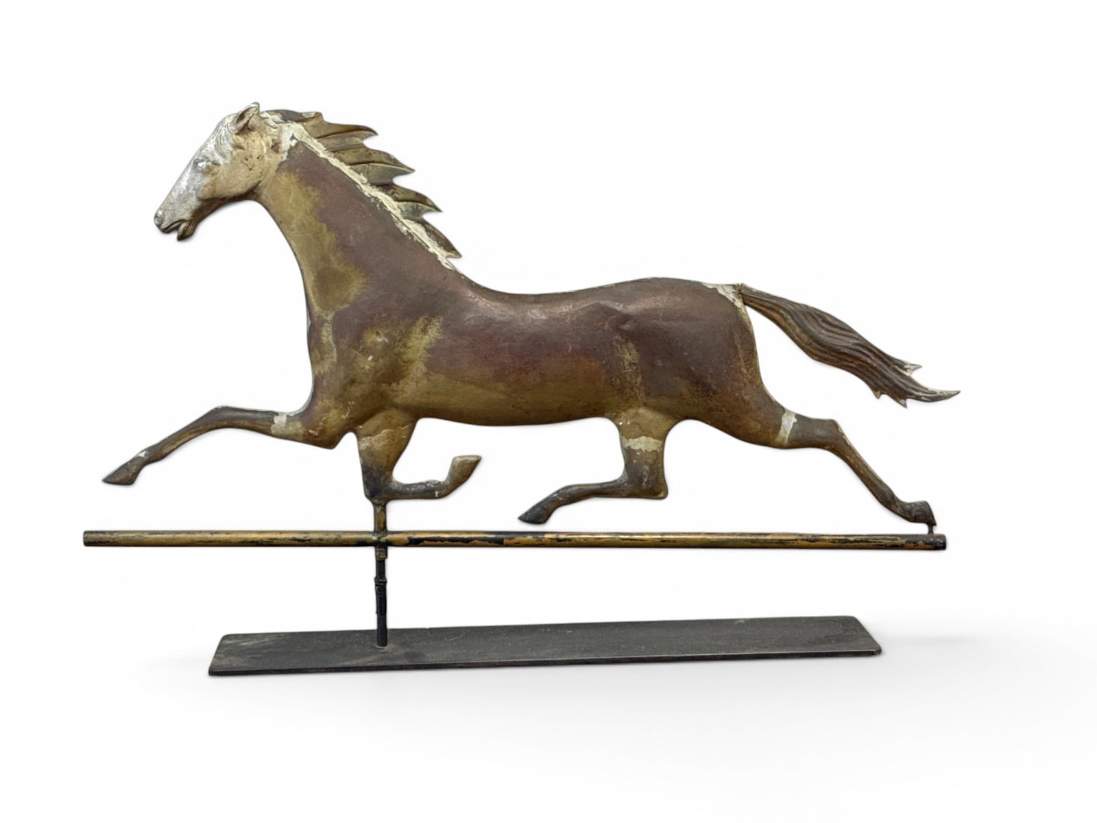 Prancing Dixie Copper and Zinc Running Horse Weathervane: A "Prancing Dixie" copper hollow body and zinc running horse weathervane, circa late 19th/early 20th C. 17in tall x 31in wide. Stand not included. Tail is loose. | You have additional shipping options