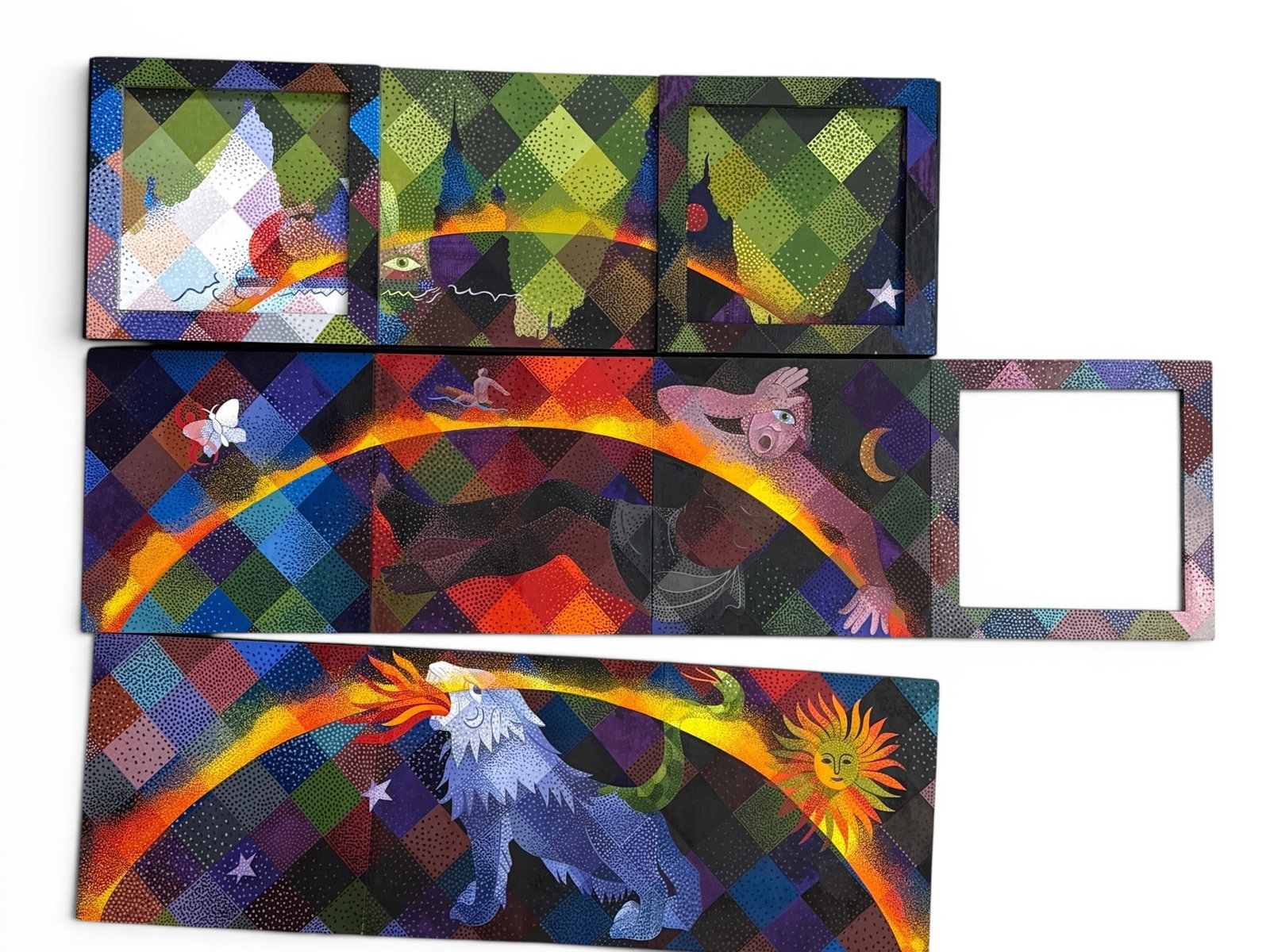Anita Charney Harris Oil/Canvas: Abstract Triptych: Anita Charney Harris (Bucks County, PA, 1921-2018). An oil on canvas abstract triptych with window panes. Combined: 73in tall x 96in wide. | You have additional shipping options, and are not required