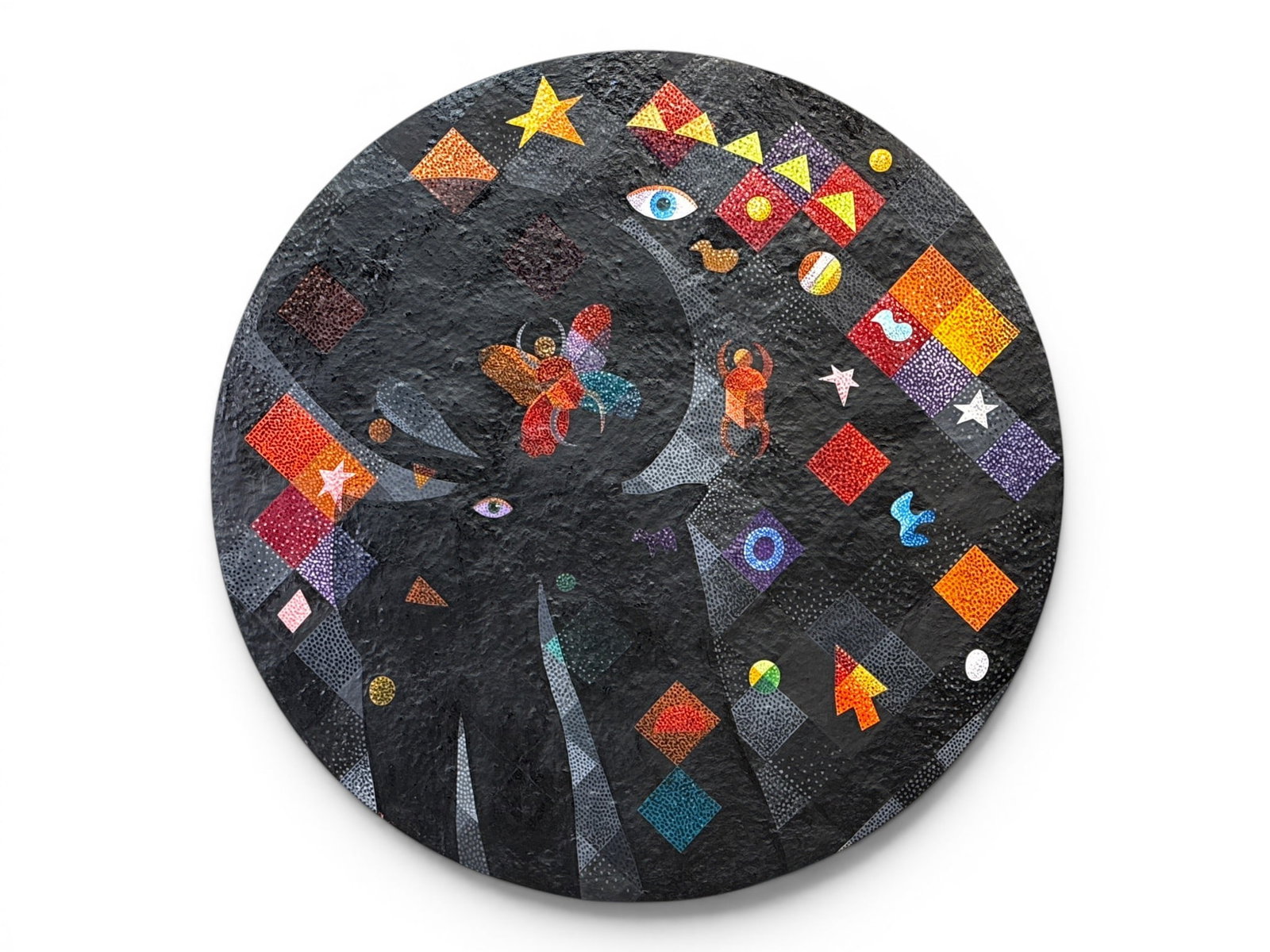 Anita Charney Harris Mixed Media: New World: Anita Charney Harris (Bucks County, PA, 1921-2018) A mixed media on panel titled "Here Comes a New World". 60in diameter. | You have additional shipping options, and are not required to use Live