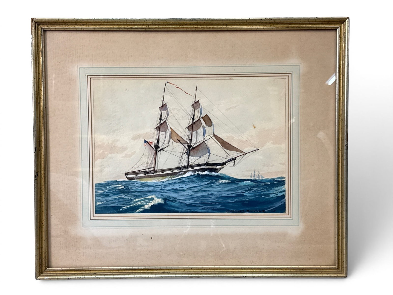 Charles Rosner Watercolor/Paper: Ship: Charles Rosner (NY/Germany, 1894-1975). A watercolor on paper of an American Clipper ship. Signed lower right. Mat opening: 10in x 14in. Frame: 19in x 22-1/2in. | You have additional shipping options,