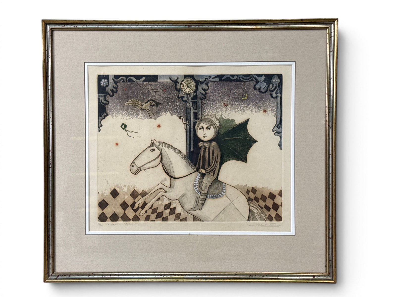 Leticia Terrano Surrealist Aquatint: Leticia Terrano (Mexican, b. 1940). A surrealist aquatint tiled "El Service Aereo." Signed lower right. Mat: 13in x 16in. Frame: 21in x 23-1/2in. | You have additional shipping options, and are not