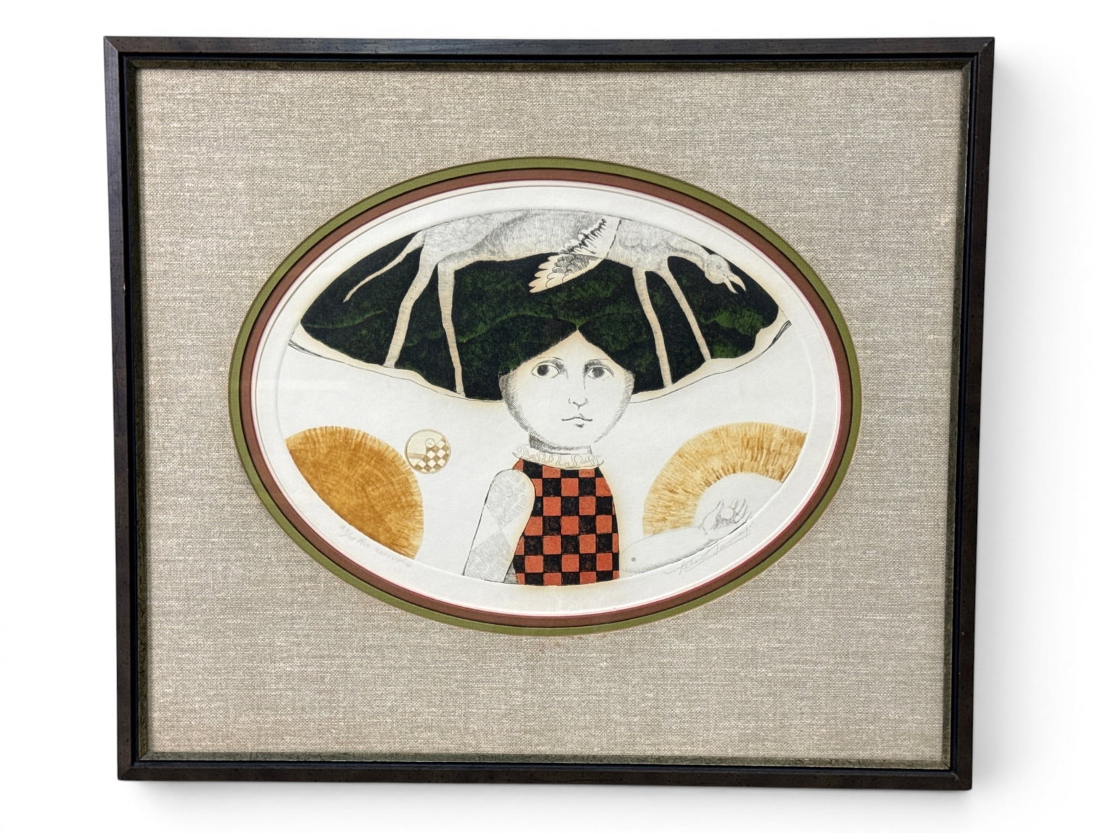 Leticia Terrano Surrealist Aquatint: Leticia Terrano (Mexico, b. 1940). A hand-colored aquatint titled "Ave Zancuda". Signed lower right. Mat opening: 11in x 15in. Frame: 19in x 22in. | You have additional shipping options, and are not