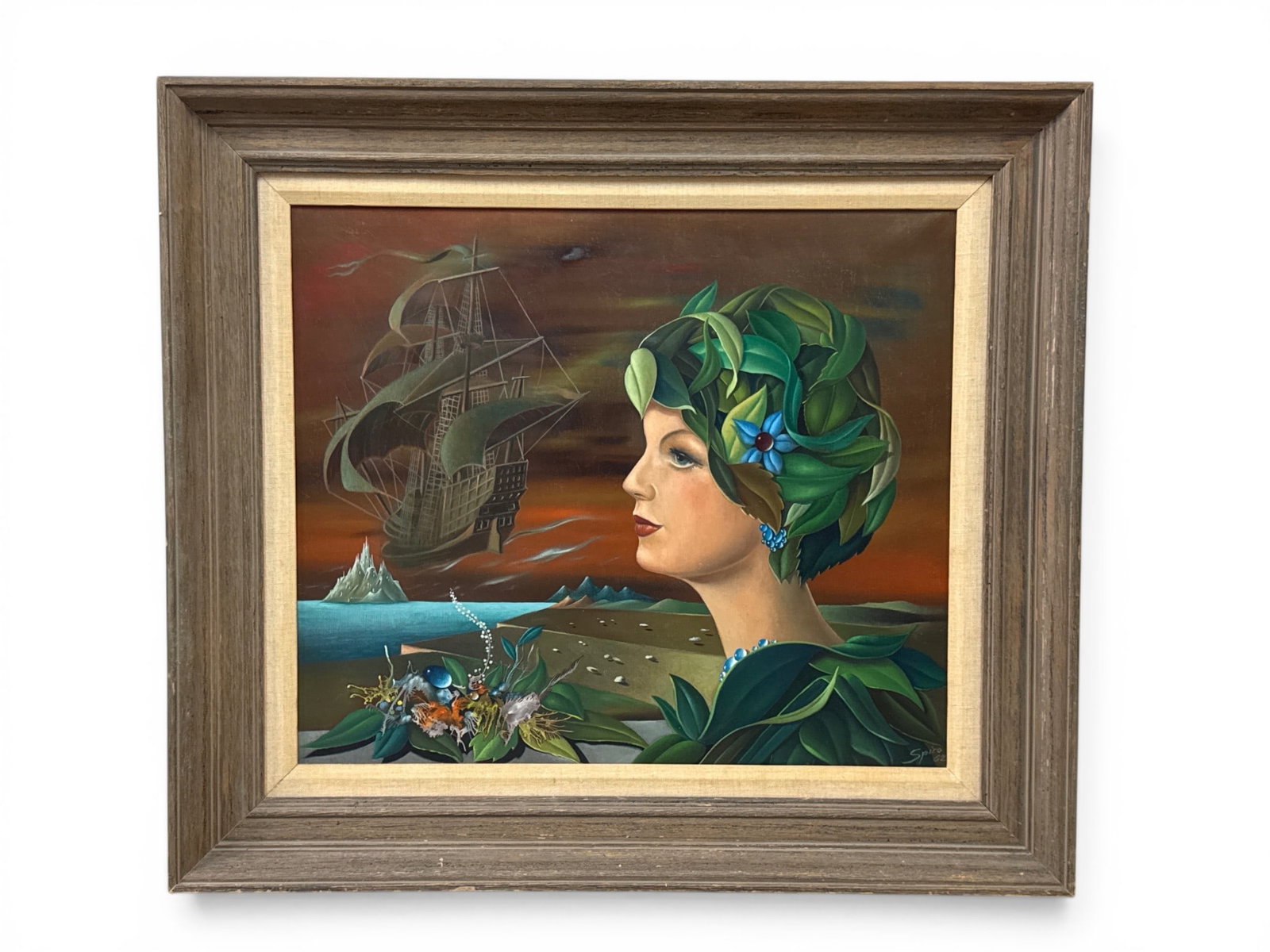 Georges Spiro Oil/Canvas: Surrealist Portrait of a Woman: Georges Spiro (French, 1909-1994). An oil on canvas surrealist portrait of a woman in profile. Circa 1962. Signed and dated lower right. Frame: 17-1/4in x 20-1/2in. | You have additional shipping