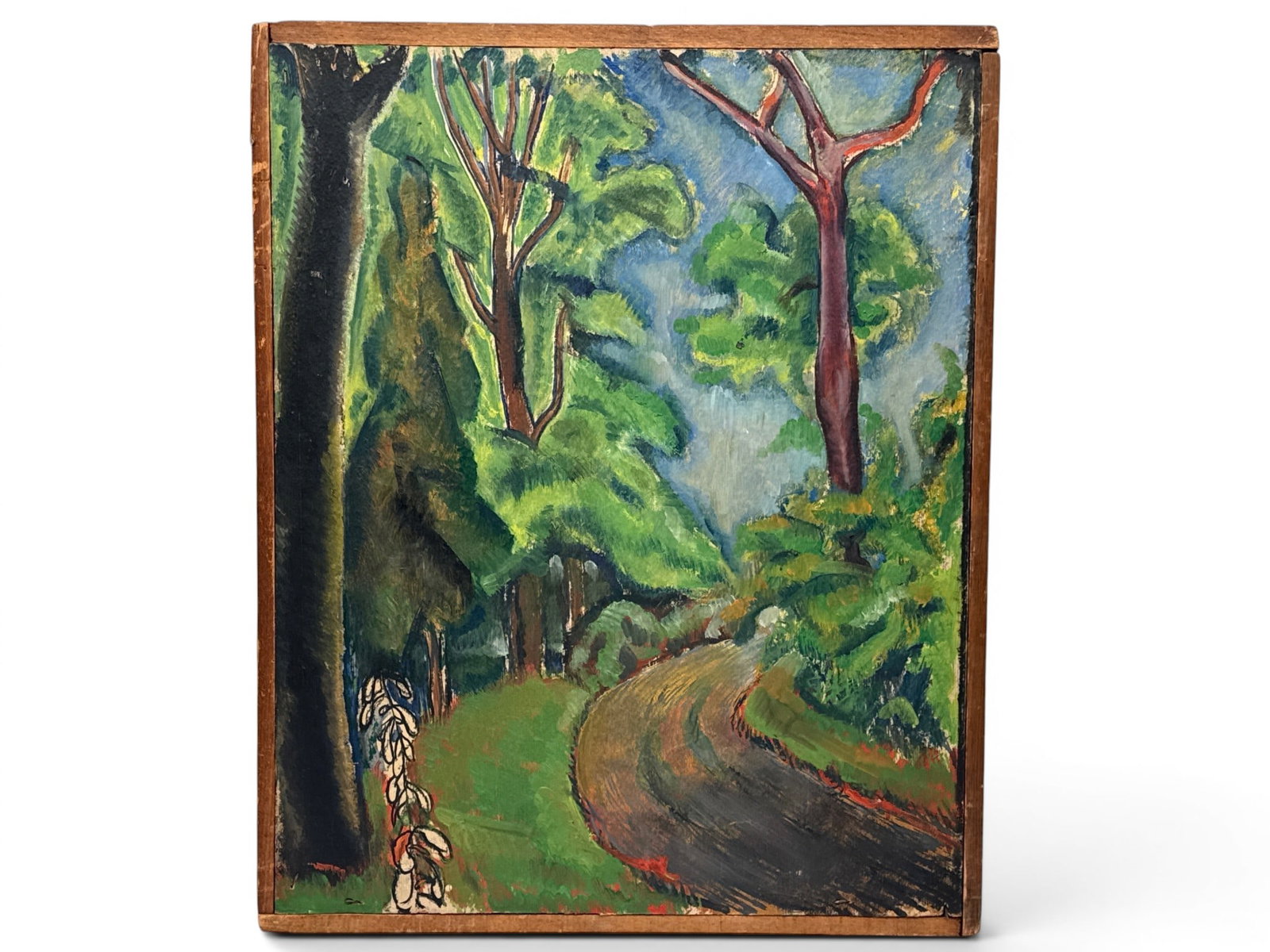 American School Oil/Panel: Forest Road: An American School oil on panel landscape depicting a forest road. Appears to be unsigned. 21in x 17in. | You have additional shipping options, and are not required to use Live Shipping. Additional