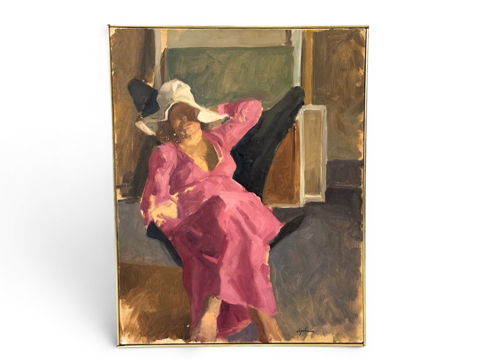Richard Segalman Oil/Canvas. Riverside Park: Richard Segalman (American, 1934-2021). An oil on canvas portrait of a reclined woman wearing a sunhat. Signed lower right and titled on stretcher. Frame: 29in x 22in. | You have additional shipping