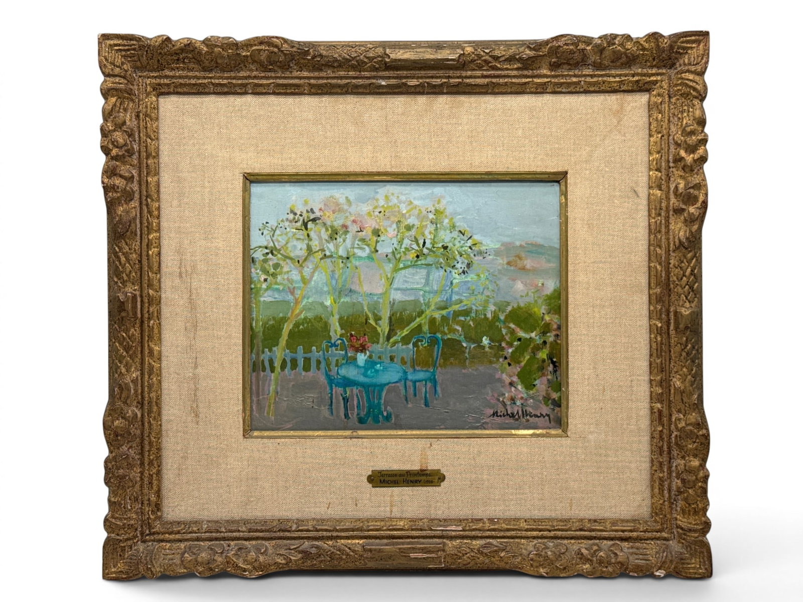 Michel Henry Oil/Canvas: Terasse au Printemps: Michael Henry (French, 20th C.). A gilt-framed oil on canvas titled "Terrasse Au Printemps". Signed. Wally Findlay Galleries. | You have additional shipping options, and are not required to use Live