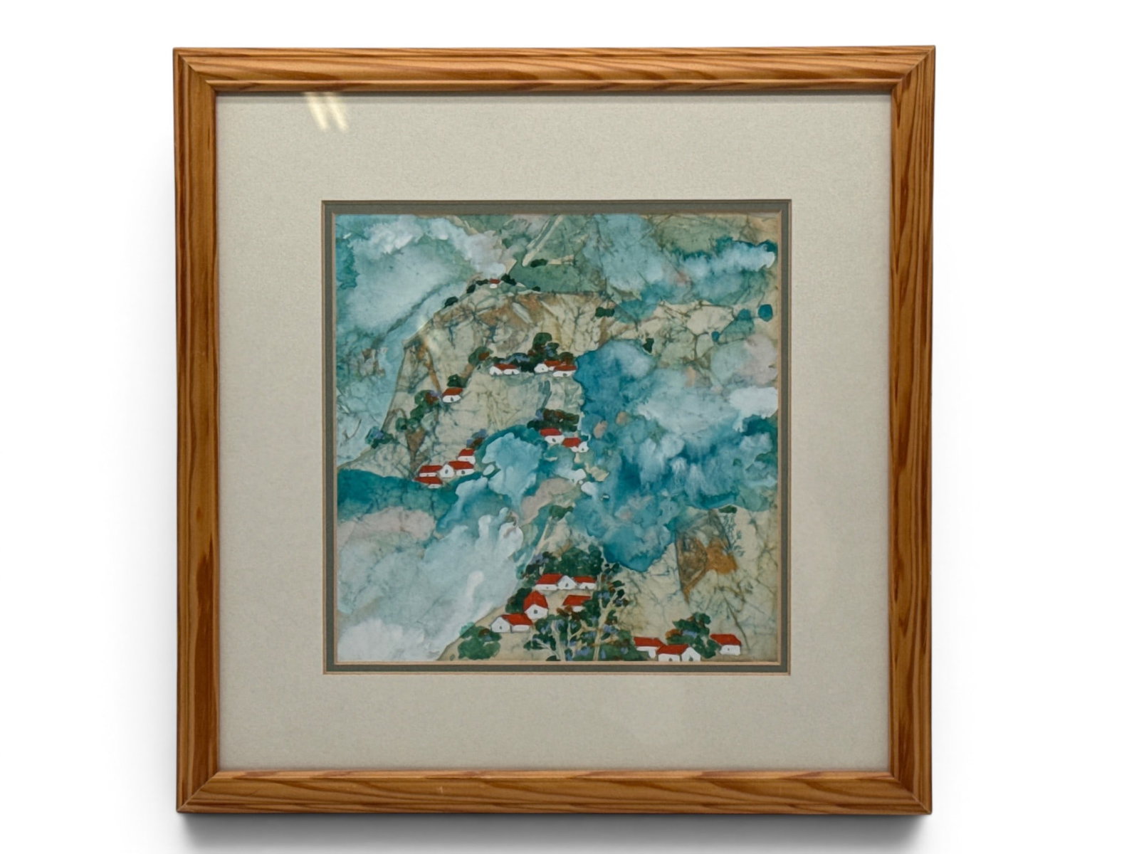 Pham Hau Watercolor/Paper: Landscape: Pham Hau (Vietnamese, 20th C.). A watercolor on paper landscape of houses set in a mountain. Washington Street Gallery tag verso. Mat opening: 8in x 8in. Frame: 14in x 13-1/2in. | You have additional