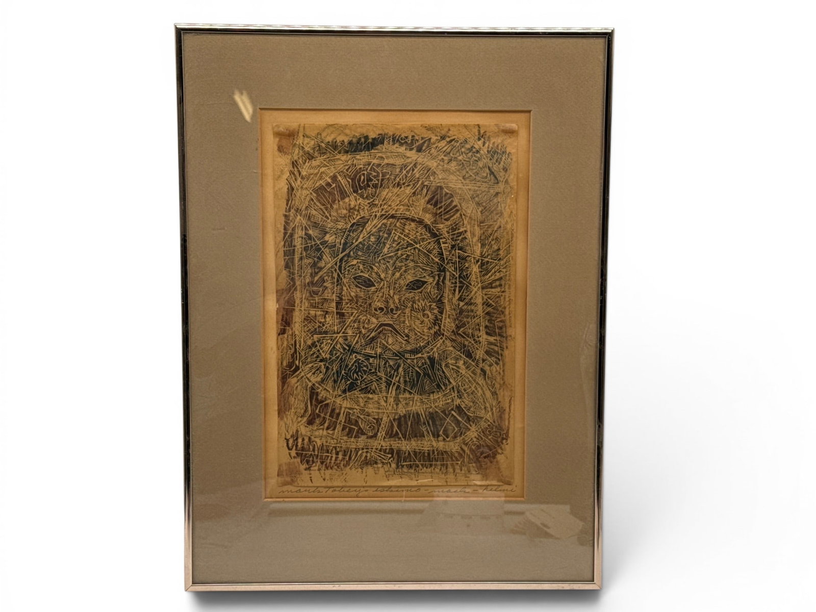 Helmi Juvonen Linocut: Eskimo: Helmi Juvonen (Washington, 1903-1985). A linocut titled "Mark Tobey's Eskimo," signed. Mat opening: 14in x 9in. Frame: 20in x 15in. | You have additional shipping options, and are not required to use