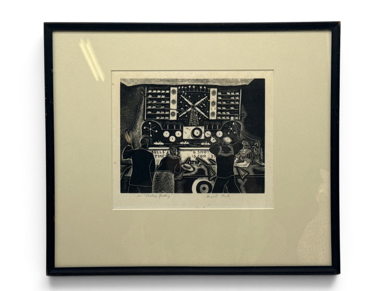 Angelo Pinto Wood Engraving: Shooting Gallery: Angelo Pinto (Philadelphia, 1908-1994). A wood cut engraving titled "Shooting Gallery." Pencil signed lower right, titled and dated on the left. Mat opening: 8in x 9-1/2in. Frame: 14-1/2in x 17in. | Y