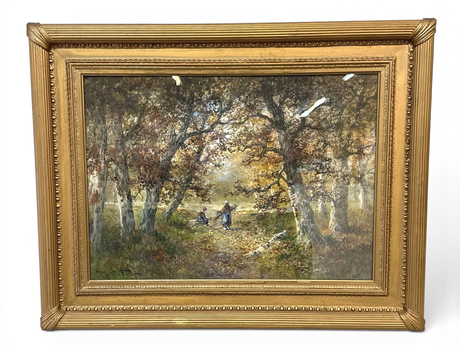 Hugo Anton Fisher Watercolor/Paper: Forest Scene: Hugo Anton Fisher (American, 1854-1916). A gilt-framed large-format watercolor on paper of two figures in a forest scene. Signed lower left. Mat opening: 21in x 29in. Frame: 31in x 39in. | You have ad