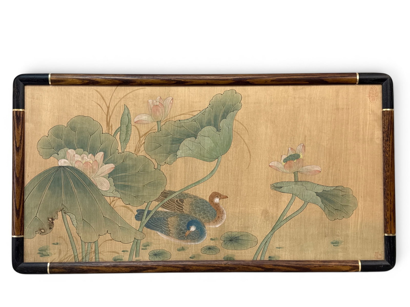 Japanese Gouache on Silk: Ducks and Lily Pads: A Japanese gouache on silk of ducks swimming among blooming lily pads. Signed lower right. Frame: 26in x 50in. | You have additional shipping options, and are not required to use Live Shipping. Additi