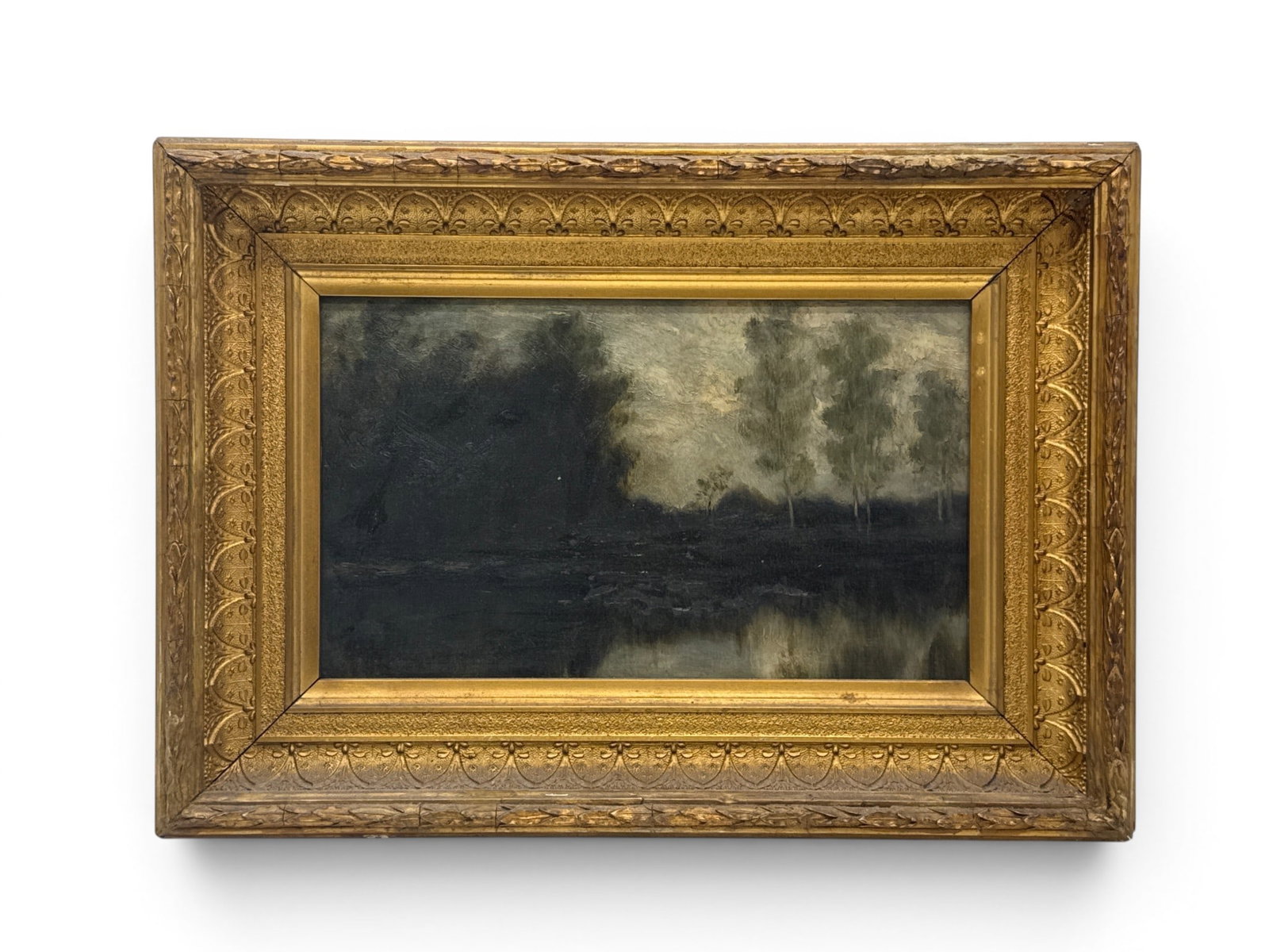 Hudson River School Oil/Canvas: Landscape: A gilt-framed Hudson River school landscape with pond and trees. Canvas: 8in x 12in. Frame: 13in x 17in. | You have additional shipping options, and are not required to use Live Shipping. Additional s