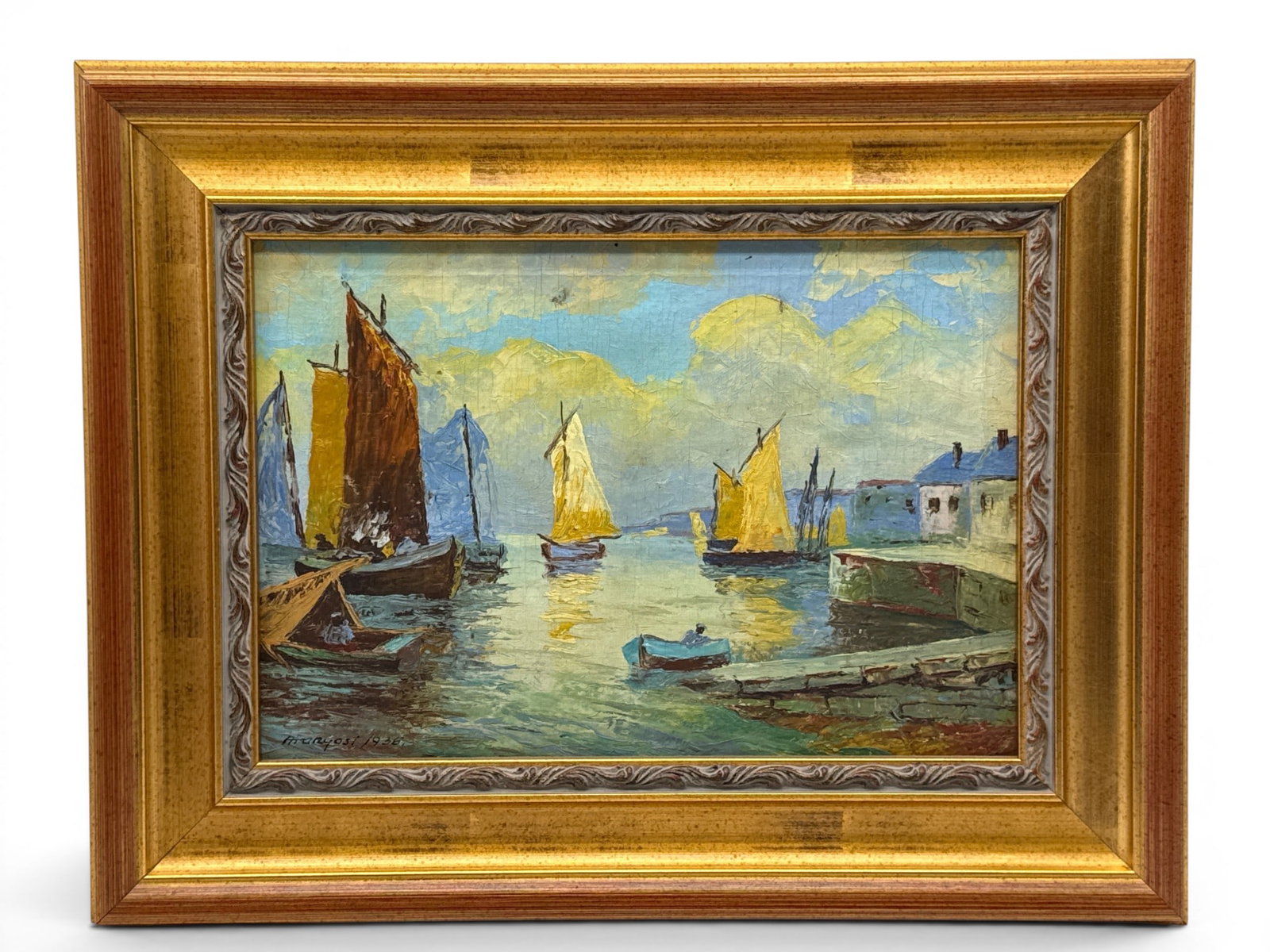 Italian Gilt-Framed Oil Canvas: Sailboats: An Italian gilt-framed oil on canvas of sailboats and other boats. Signed lower left, dated 1936. Frame: 14-1/2in x 18in. | You have additional shipping options, and are not required to use Live Shipp