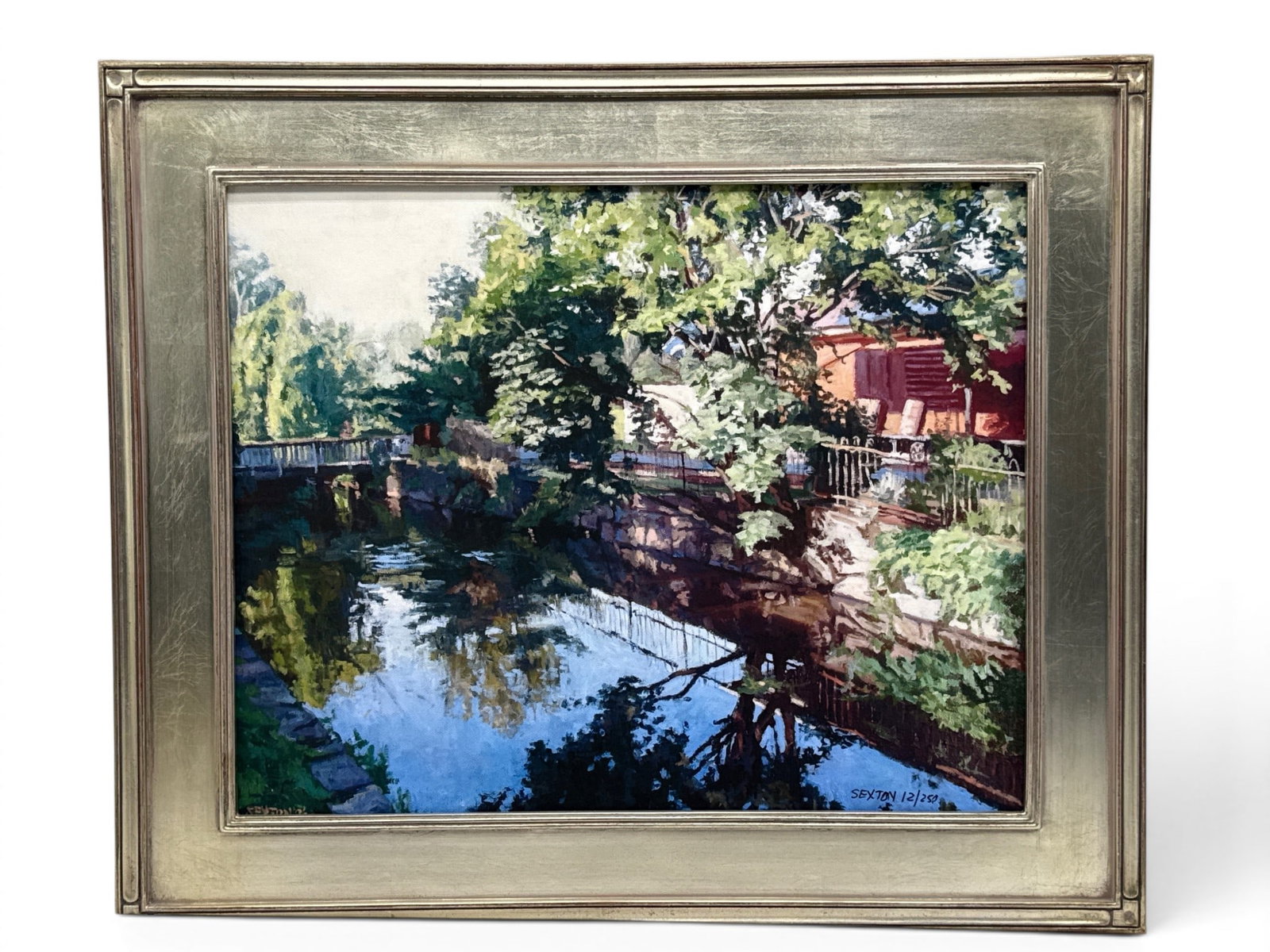 Colette Sexton Giclee Print: Lambertville: Colette Sexton (Bucks County, PA, Contemporary). A giclee print of a Lambertville, NJ river scene. Signed and with gallery tag verso. 21-1/2in x 25in. | You have additional shipping options, and are n