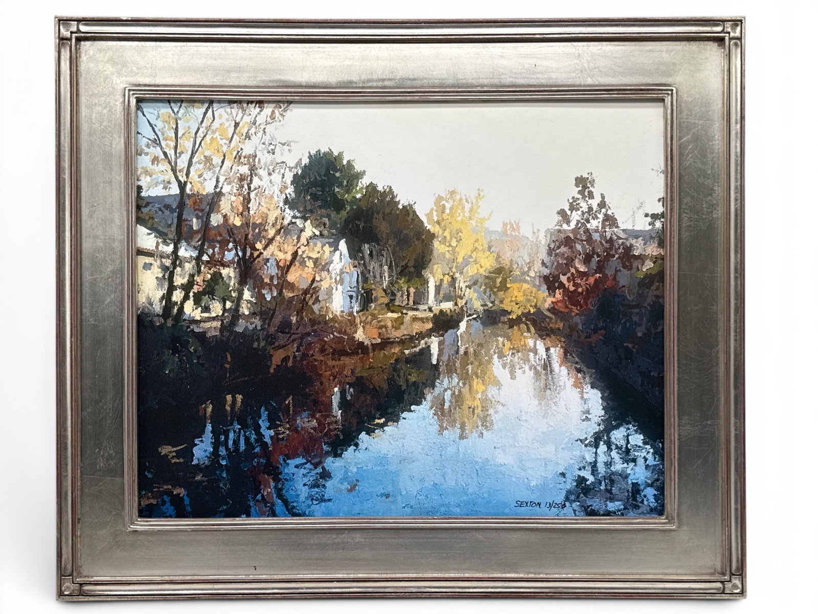 Colette Sexton Giclee Print: River Scene: Colette Sexton (Bucks County, PA, Contemporary). A giclee print of a Bucks County, Pennsylvania river scene. Signed and numbered 13/250. Gallery tag verso. Frame: 21in x 25in. | You have additional sh