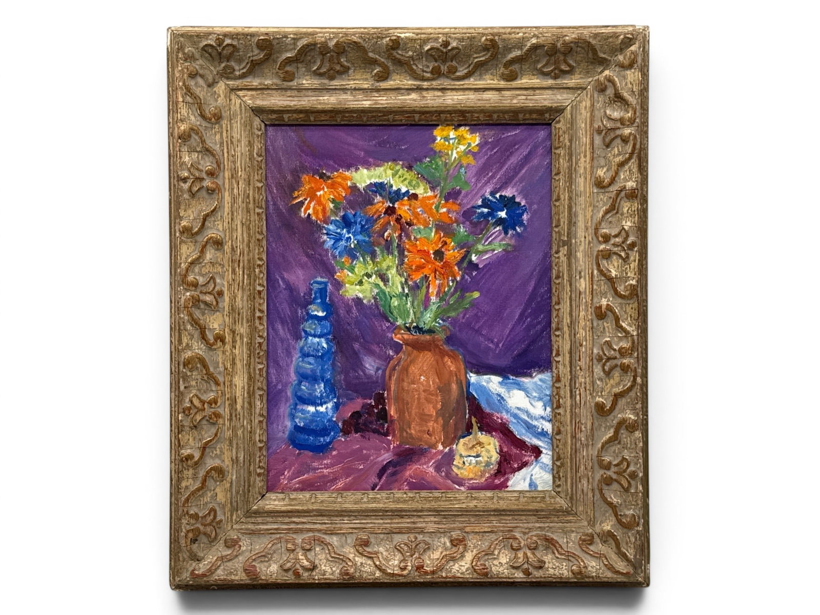 Carol Gray Oil/Board: Still Life: Carol Gray (American, 20th C.). A framed oil on board still life of a vase with flowers. Attributed verso. Frame: 16in x 13in. | You have additional shipping options, and are not required to use Live 