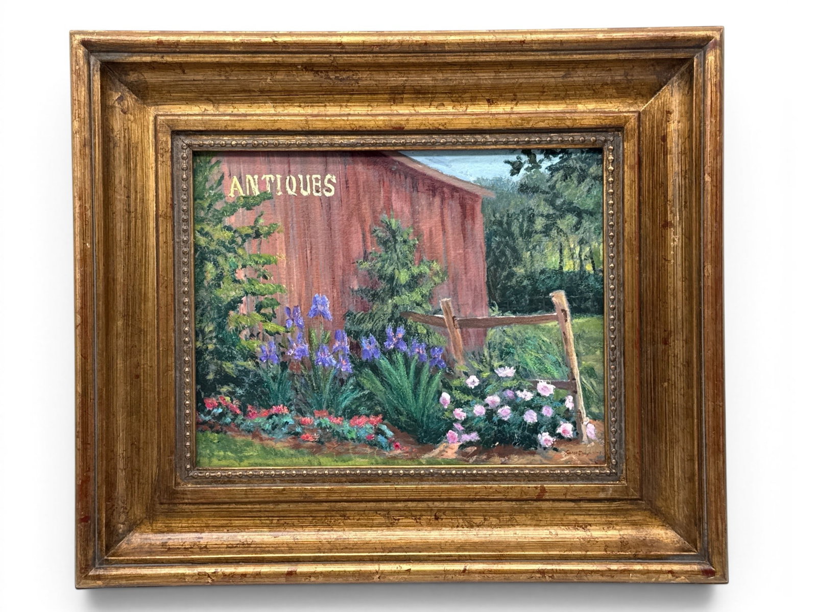 Carol Gray Oil/Board: Rustic Corner: Carol Gray (American, 20th C.). An oil on board titled "Rustic Corner" depicting an Antiques shop with flower garden. Signed lower right. Frame: 18-1/2in x 20in. | You have additional shipping