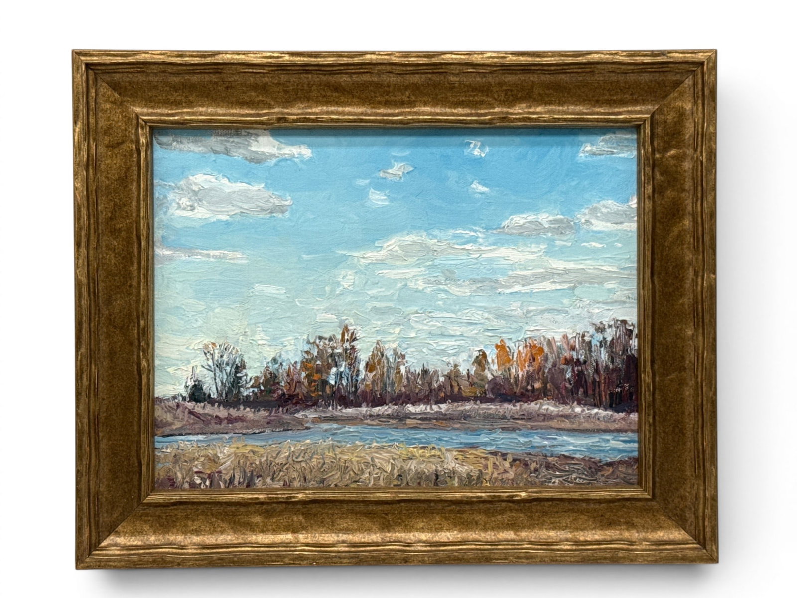 Jeffrey Boys Oil/Canvas: Bombay Hook: Jeffrey Boys (Delaware, 20th C.). An oil on canvas landscape titled "Bombay Hook". Signed and titled verso. Canvas: 9in x 12in. Frame: 12in x 15in. | You have additional shipping options, and are not