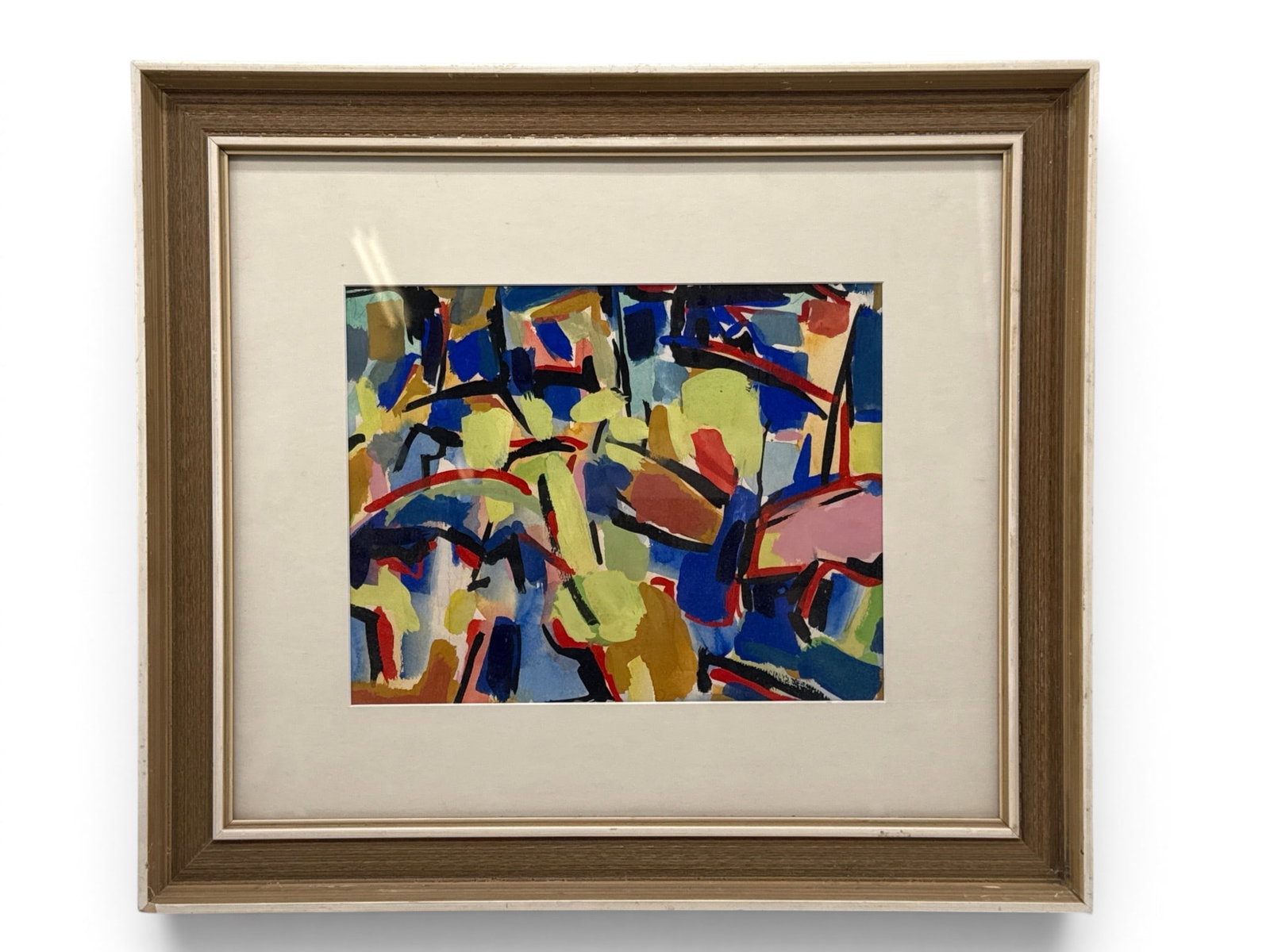 Jeffrey Boys Gouache/Paper: Quarry: Jeffrey Boys (Delaware, 20th C.). A gouache and watercolor on paper abstract titled "Quarry". Signed and titled verso. Mat opening: 9in x 11-1/2in. Frame: 17-1/2in x 20in. | You have additional