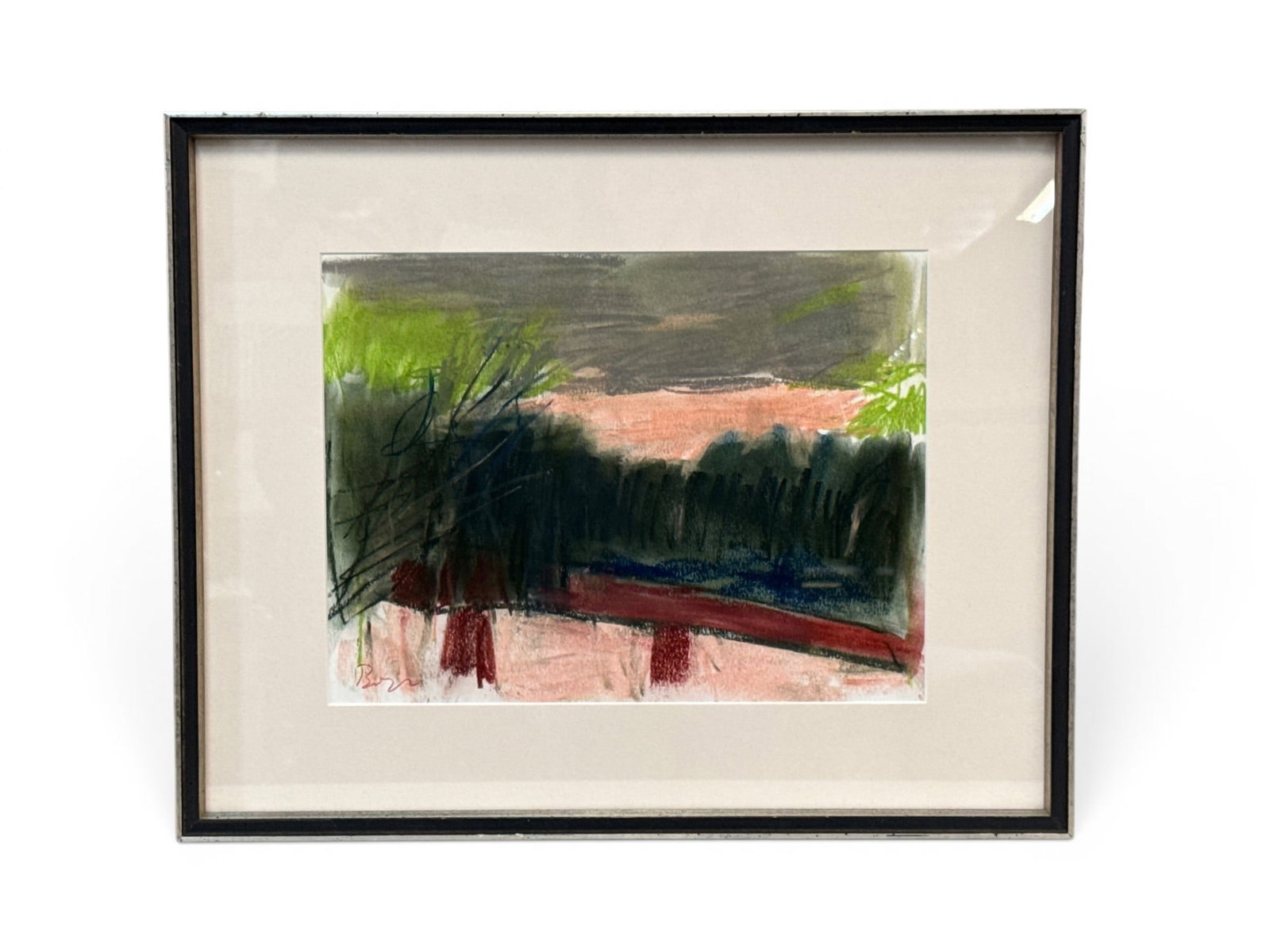Jeffrey Boys Oil Pastel/Paper: Abstract: Jeffrey Boyd (Delaware, 20th C.). An oil pastel on paper abstract illustration, signed "Boys". Mat opening: 10in x 14in. Frame: 17in x 21in. | You have additional shipping options, and are not