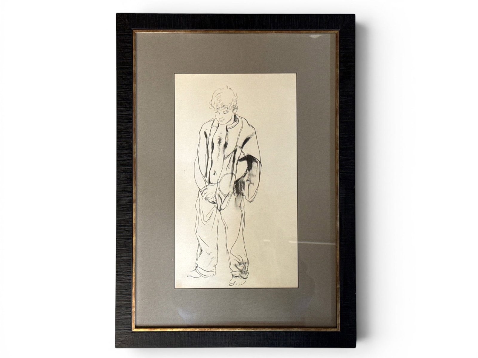 Walter Stuempfig Pen & Ink Illustration: Walter Stuempfig (American, 1914-1970). A pen and ink illustration of a young man standing barefoot. Estate stamped verso. Mat opening: 14in x 8-1/2in. Frame: 22in x 16in. | You have additional shippi