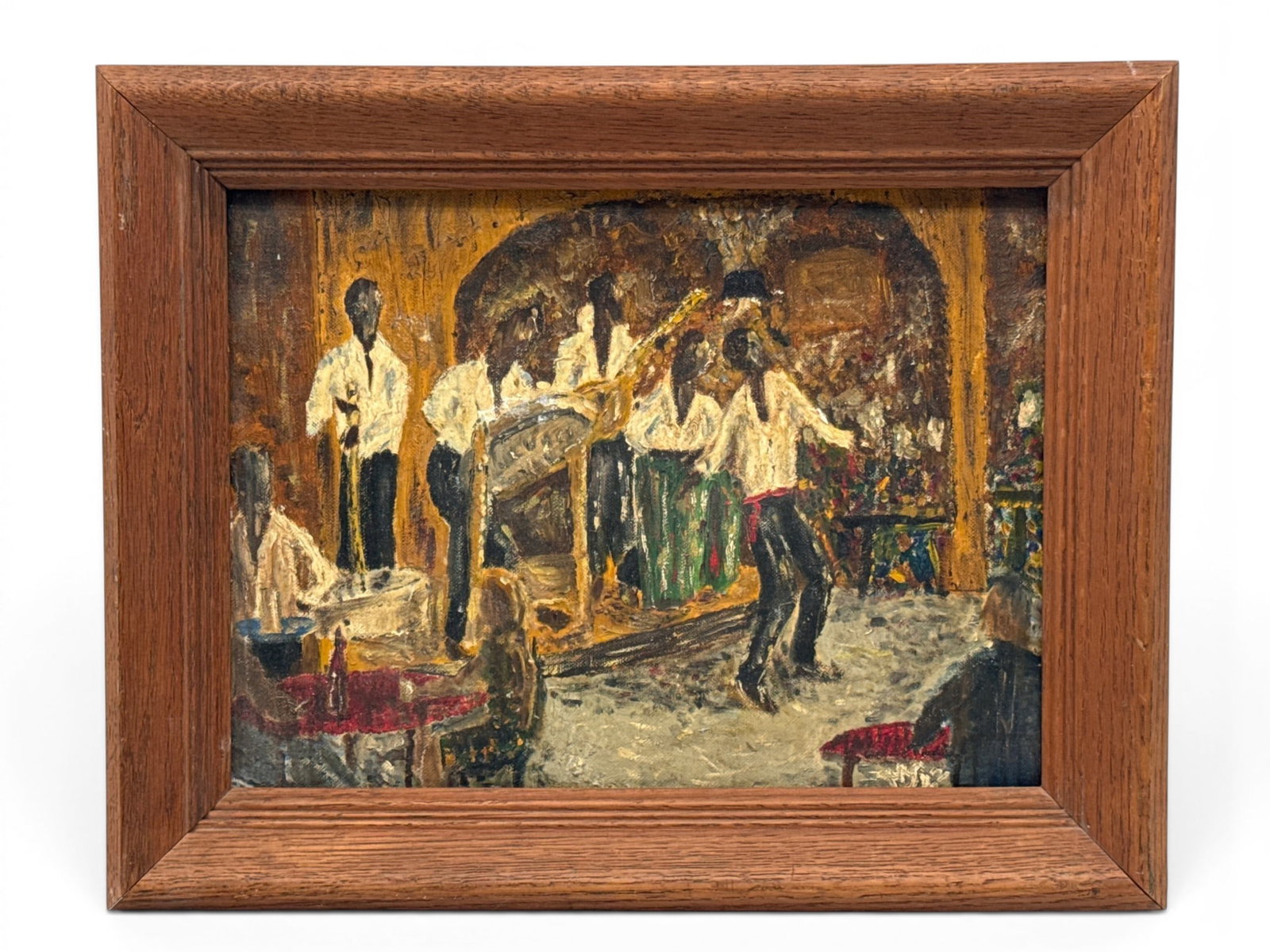 Impressionist Oil/Board: Jazz Club Scene: An Impressionist oil on canvas-wrapped board jazz club scene. Frame: 12in x 14-1/2in. | You have additional shipping options, and are not required to use Live Shipping. Additional shipping and