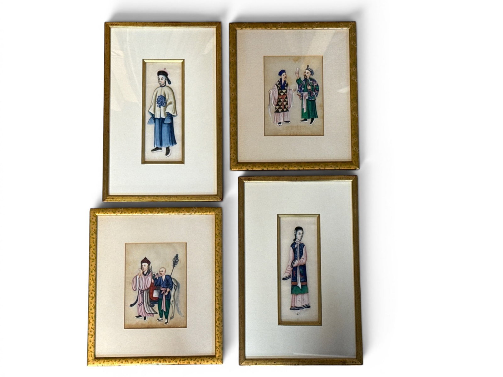 Four Chinese Pith Paintings: Four Chinese gouache on pith paper paintings with figures in ceremonial garb. Largest: 12-1/2in x 8in. | You have additional shipping options, and are not required to use Live Shipping. Additional