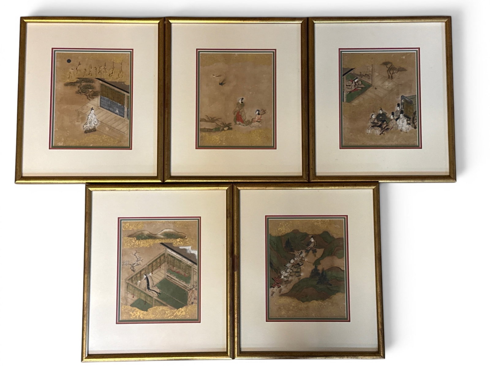 Five Japanese Gouache/Paper Genre Scenes: Five Japanese gouache on paper genre scenes to include Samurai and Geisha. Mat opening: 9in x 7in. Frame: 15-1/2in x 13in. | You have additional shipping options, and are not required to use Live