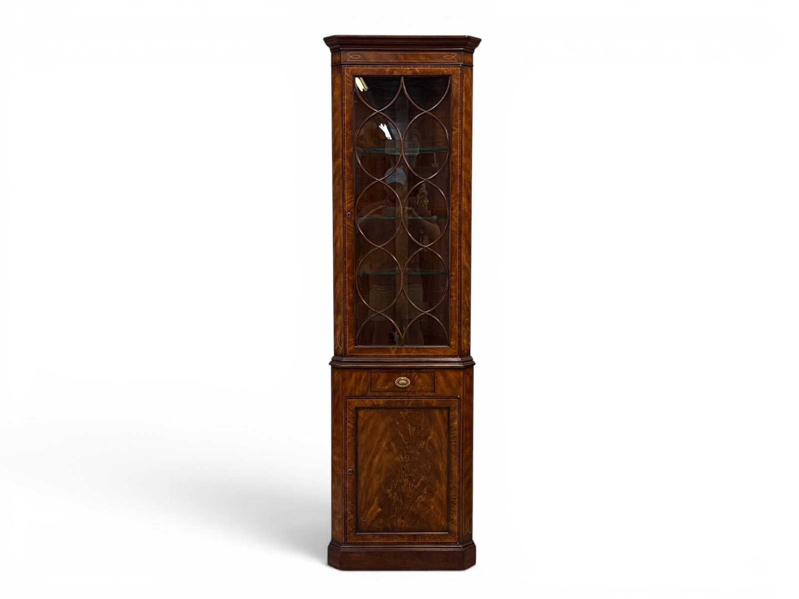 Theodore Alexander Mahogany Corner Cabinet: A Theodore Alexander Georgian-style mahogany corner cabinet of narrow form. Illuminated. 83in tall x 23in wide x 15in deep. | You have additional shipping options, and are not required to use Live