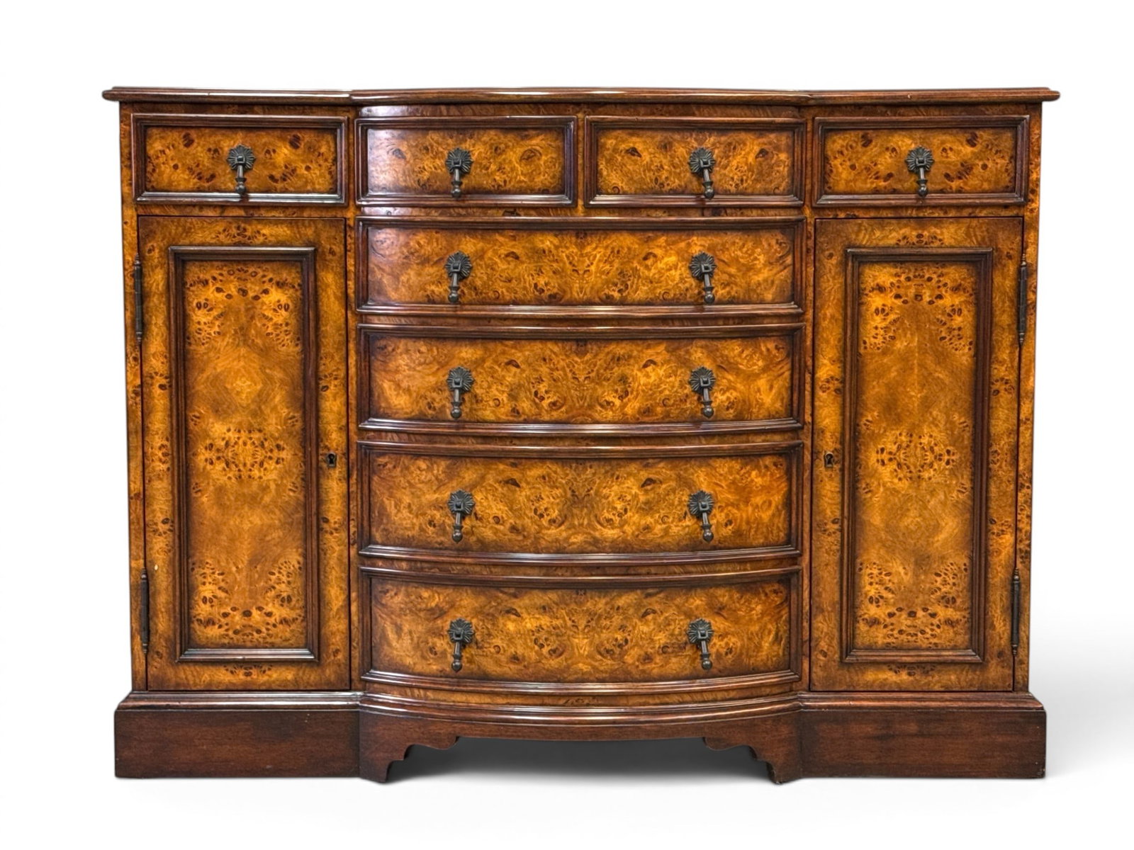 Theodore Alexander Regency Burl Walnut Server: A Theodore Alexander Regency Collection burl walnut sideboard/server with a rounded front case. 34-1/4in tall x 46in wide x 18-1/4in deep. | You have additional shipping options, and are not required