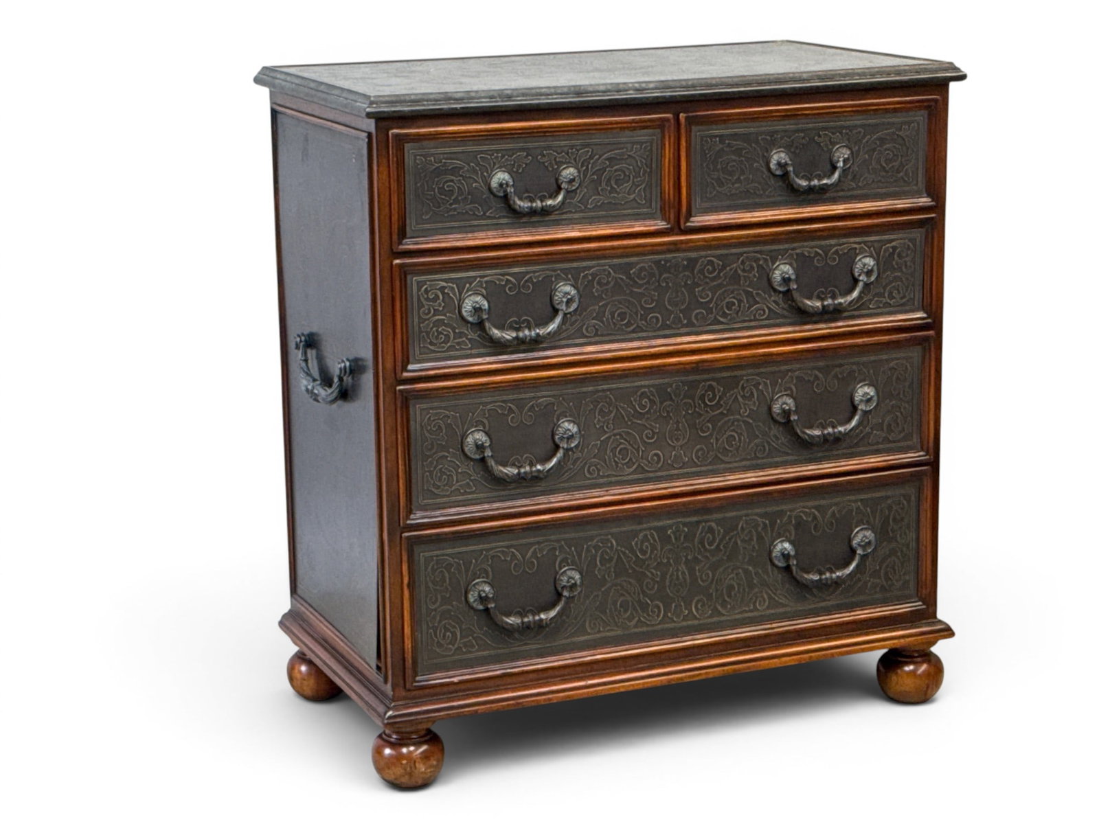 Theodore Alexander Metal Clad Chest of Drawers: A Theodore Alexander relief metal clad chest of drawers on bun feet. 35-1/4in tall x 33in wide x 19in deep. | You have additional shipping options, and are not required to use Live Shipping.