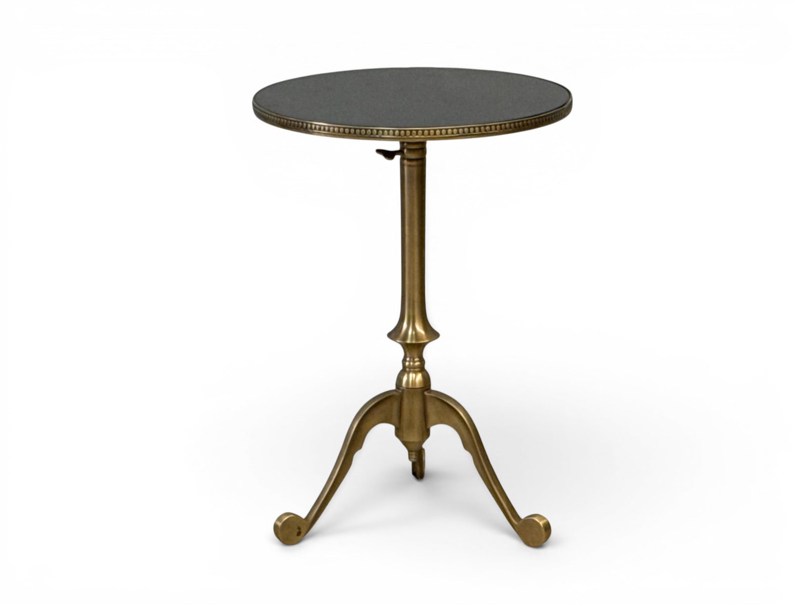 Brass-Mounted Black Marble Adjustable Tripod Table: A brass-mounted black marble adjustable tripod table gueridon. 22-1/2in tall x 16in wide. | You have additional shipping options, and are not required to use Live Shipping. Additional shipping and