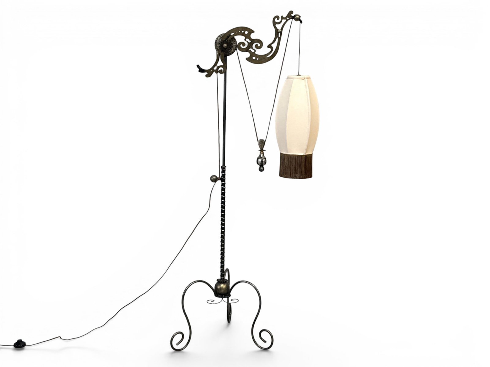 Artisan Industrial Pulley Lantern Floor Lamp: An artisan floor lamp with a mixed-metal frame and hanging lantern light of adjustable height by a pulley counterweight. 67in tall x 31in wide. | You have additional shipping options, and are not requ