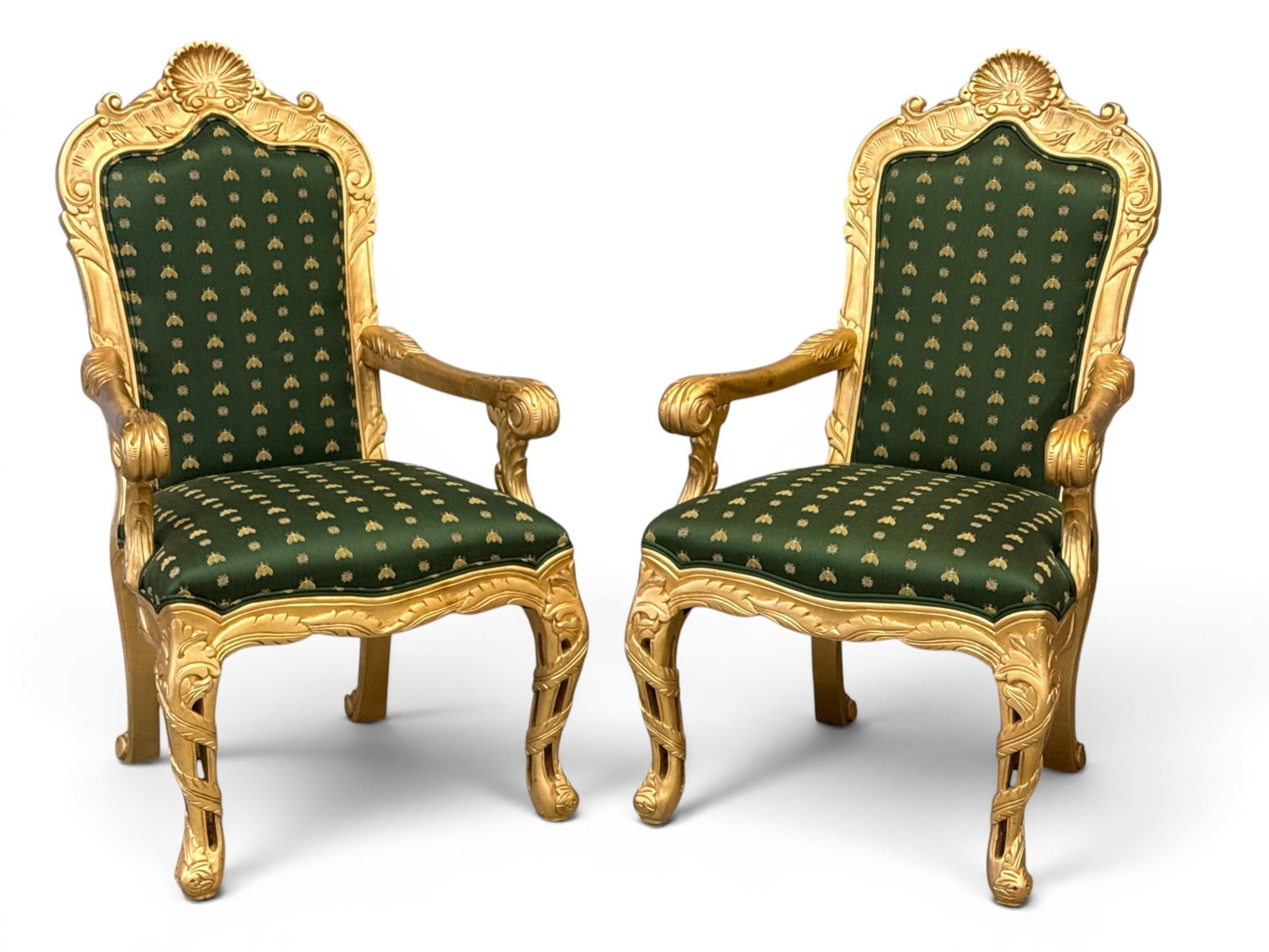 Pair of Italmod Gilt Hall Chairs: A pair of Italmod gilt Baroque-style open armchairs. 45-1/2in tall x 26in wide x 28in deep. | You have additional shipping options, and are not required to use Live Shipping. Additional shipping and