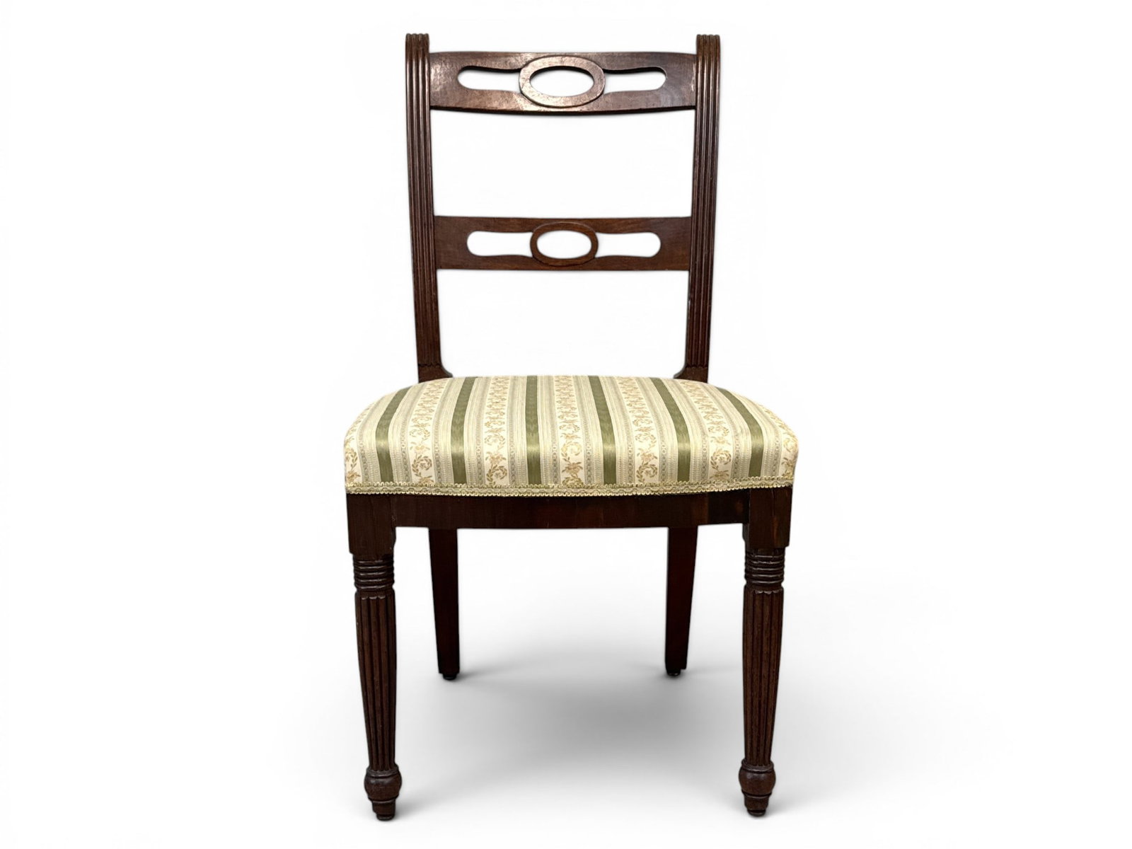 Philadelphia Classical Mahogany Side Chair: A Philadelphia Classical mahogany side chair with a pierced back. Similar to the chair on the cover of the "Philadelphia Empire Furniture" book. 35in tall x 19in wide x 17in deep. | You have
