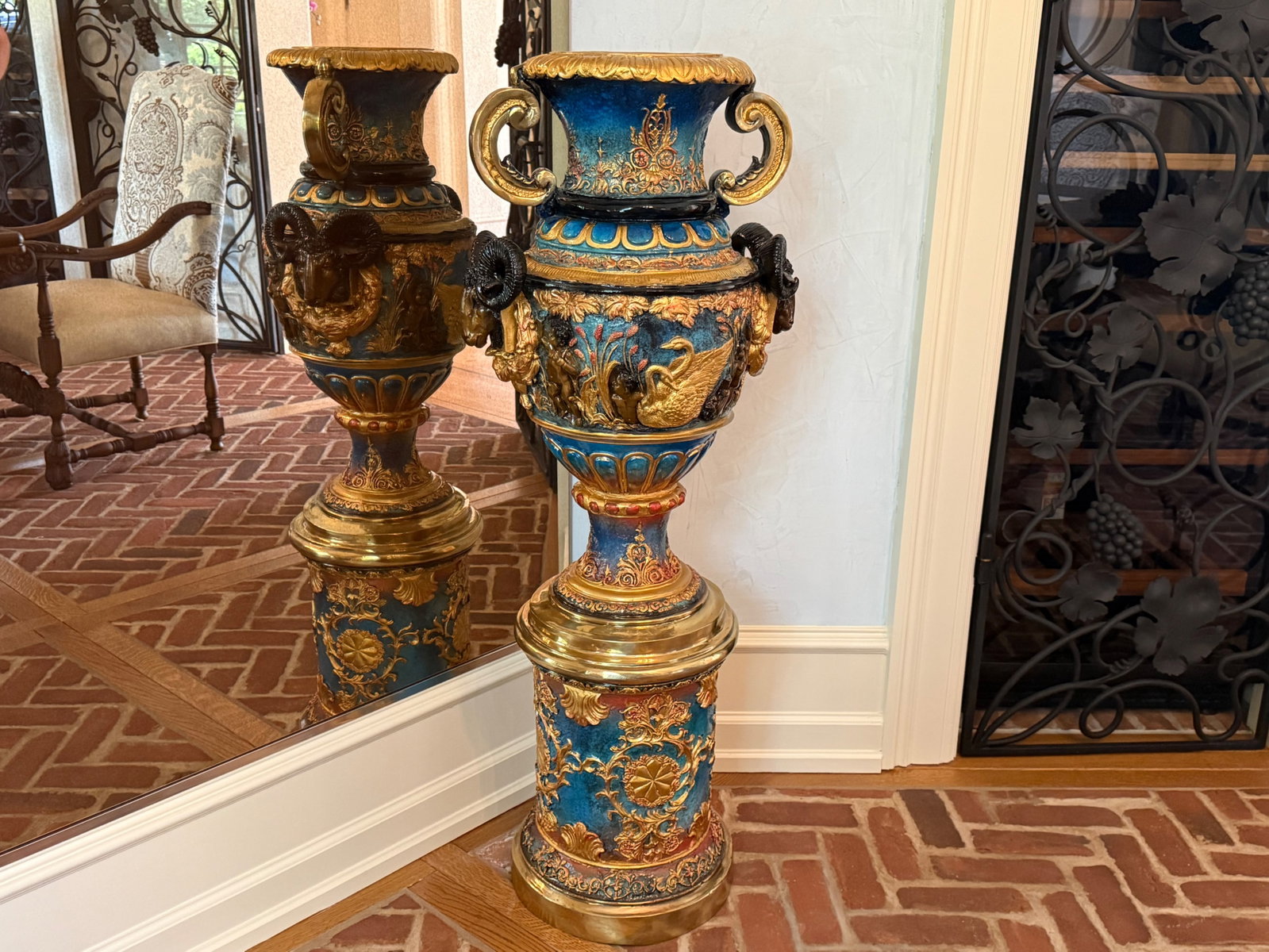 Patinated Bronze Ram's Head Mounted Floor Urn (1 of 6)