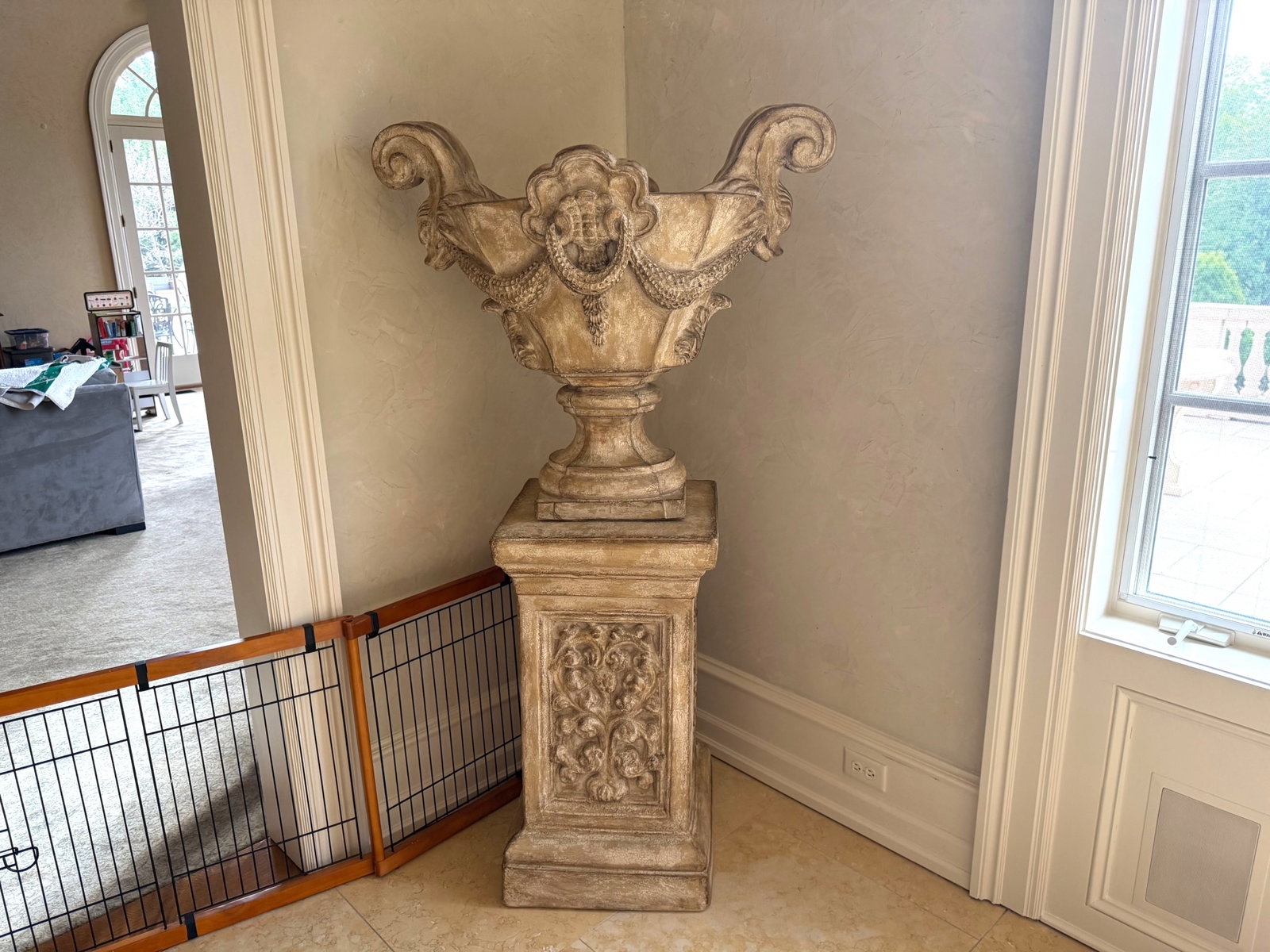 Pair of Decorator Planter Urns on Pedestals: A pair of decorator composition planter urns on pedestal bases. Each in two pieces. 67in tall x 36in wide. | You have additional shipping options, and are not required to use Live Shipping. Additional