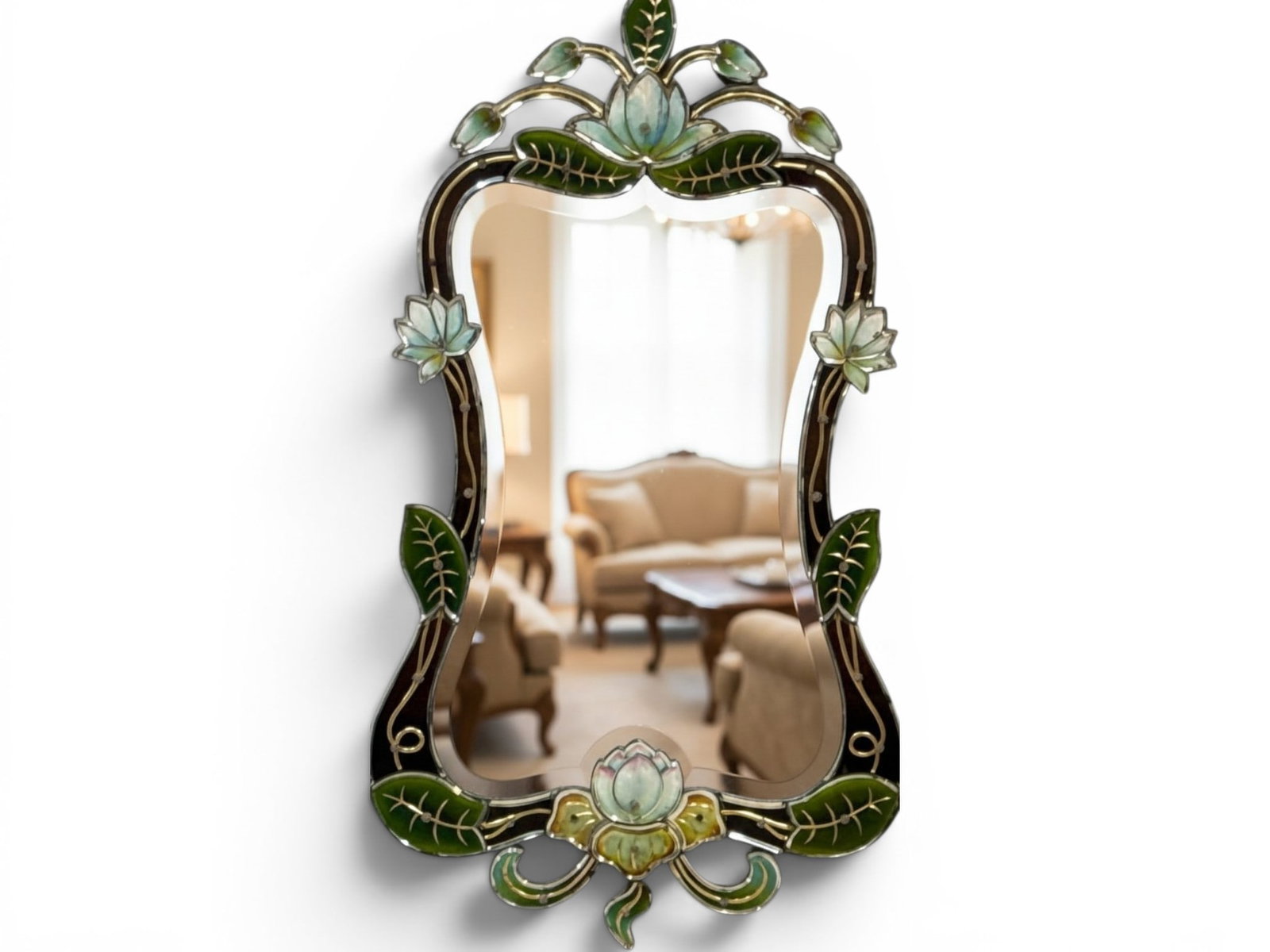 Venetian Art Nouveau-style Glass Wall Mirror: A Venetian Art Nouveau-style glass wall mirror with a foliate frame and beveled glass mirror plate. 42in tall x 13in wide. | You have additional shipping options, and are not required to use Live Ship