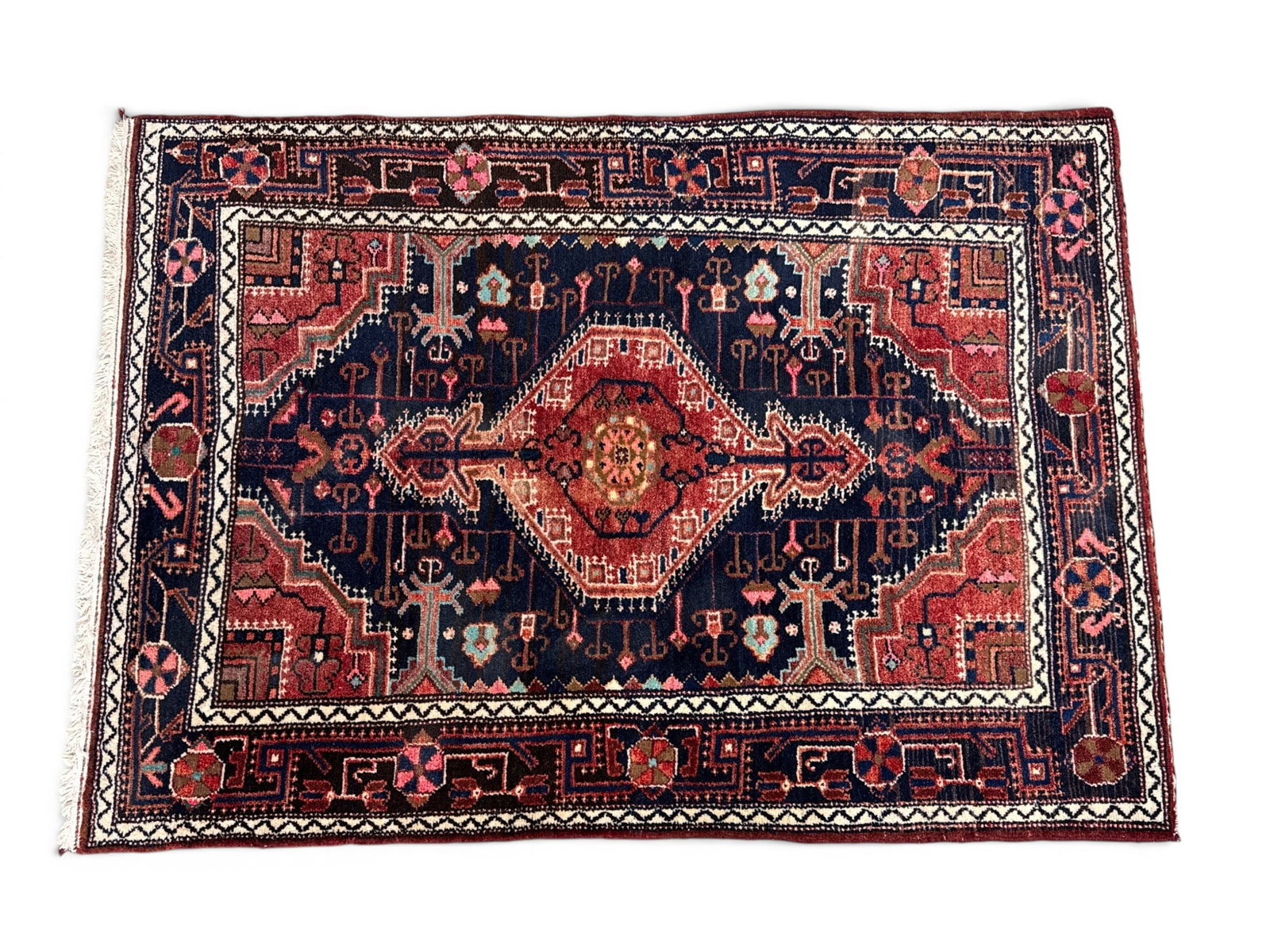 Hamadan Area Carpet, 5ft x 3ft 7in: A Hamadan area carpet with a shaped geometric medallion. 5ft x 3ft 7in. | You have additional shipping options, and are not required to use Live Shipping. Additional shipping and delivery details are 