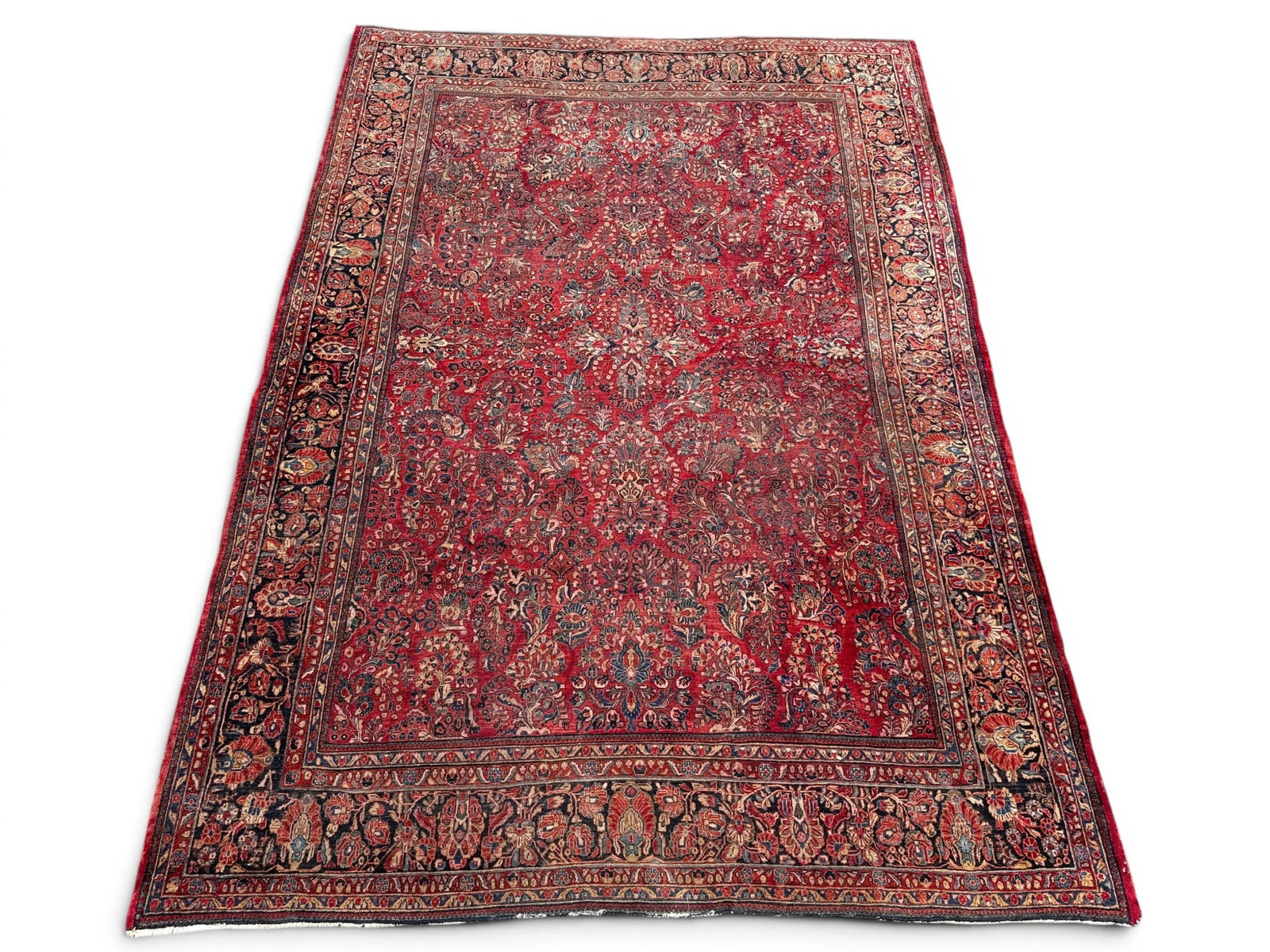 Persian Sarouk Room Size Carpet, 14ft 3in x 10ft: A Persian red Sarouk room size carpet. 14ft 3in x 10ft. | You have additional shipping options, and are not required to use Live Shipping. Additional shipping and delivery details are available on our