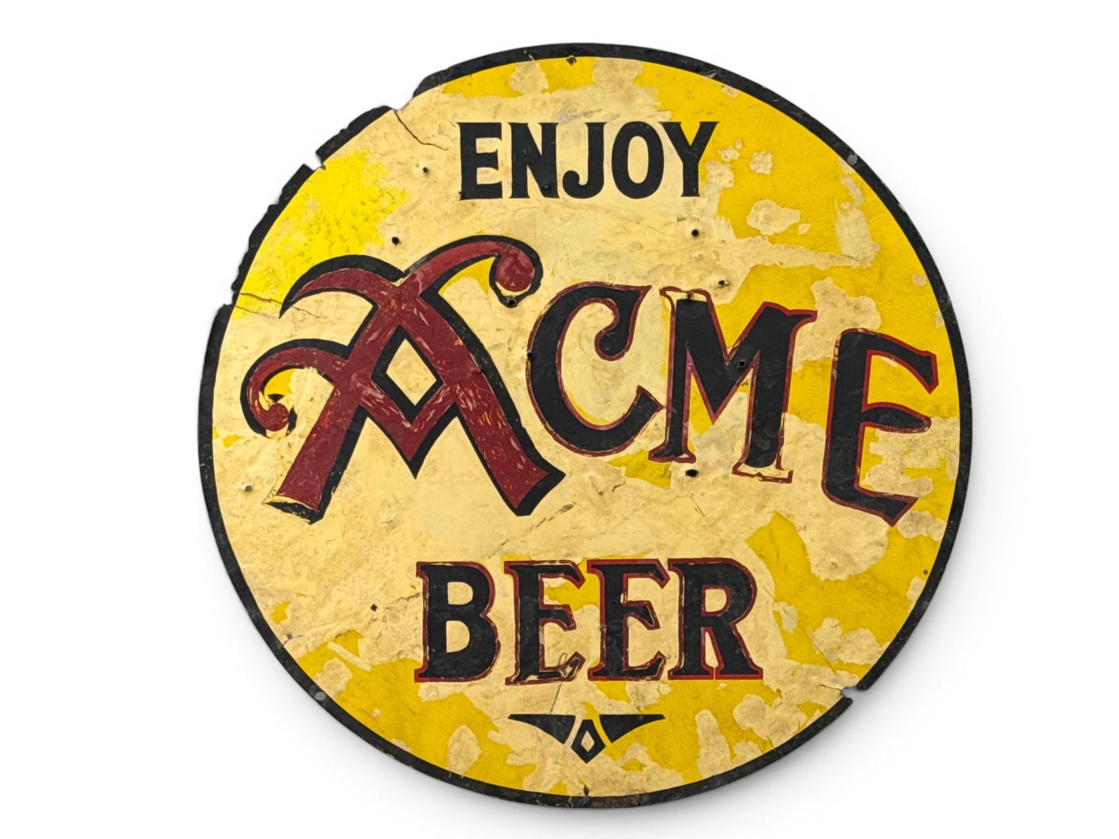 Enjoy Acme Beer Porcelain Advertising Sign: A double-sided porcelain advertising sign, exhorting "Enjoy Acme Beer". 42in diameter. | You have additional shipping options, and are not required to use Live Shipping. Additional shipping and delive