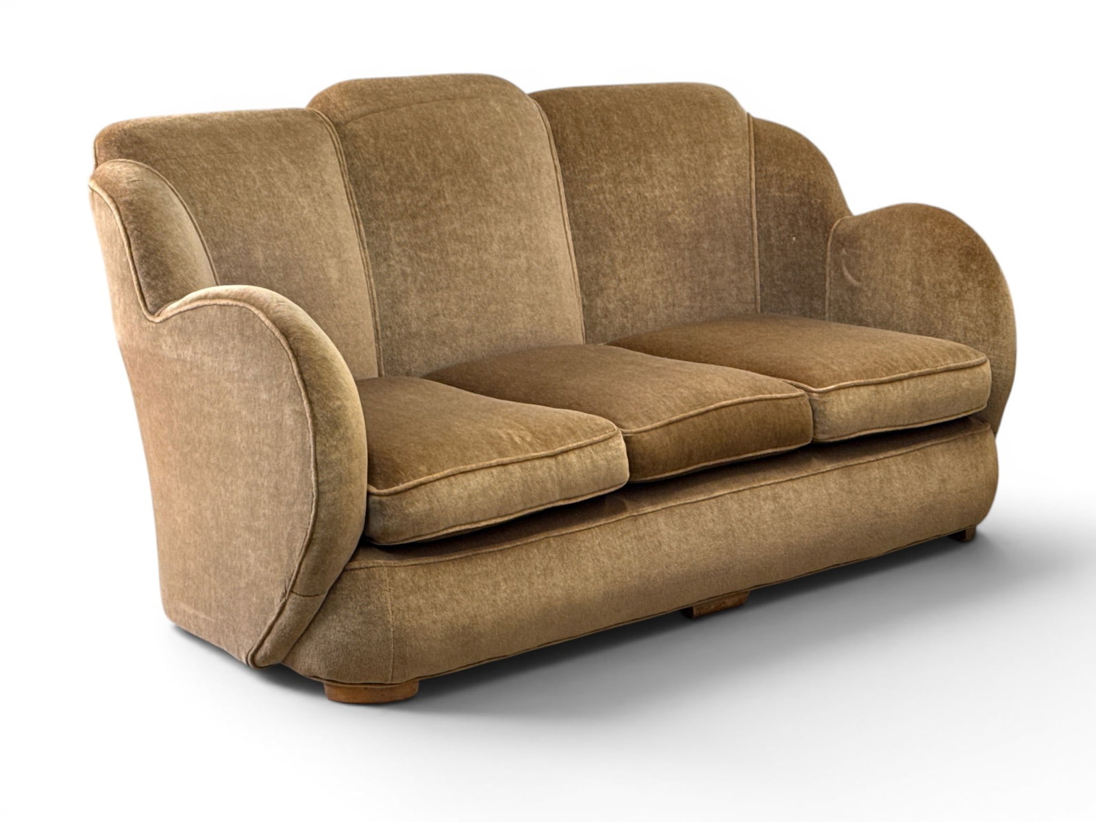 Attrib. Harry and Lou Epstein Art Deco Cloud Sofa: An Art Deco cloud sofa circa 1930s, attributed to Harry and Lou Epstein, upholstered in mohair. 35in tall x 65in wide x 30in deep. | You have additional shipping options, and are not required to use L