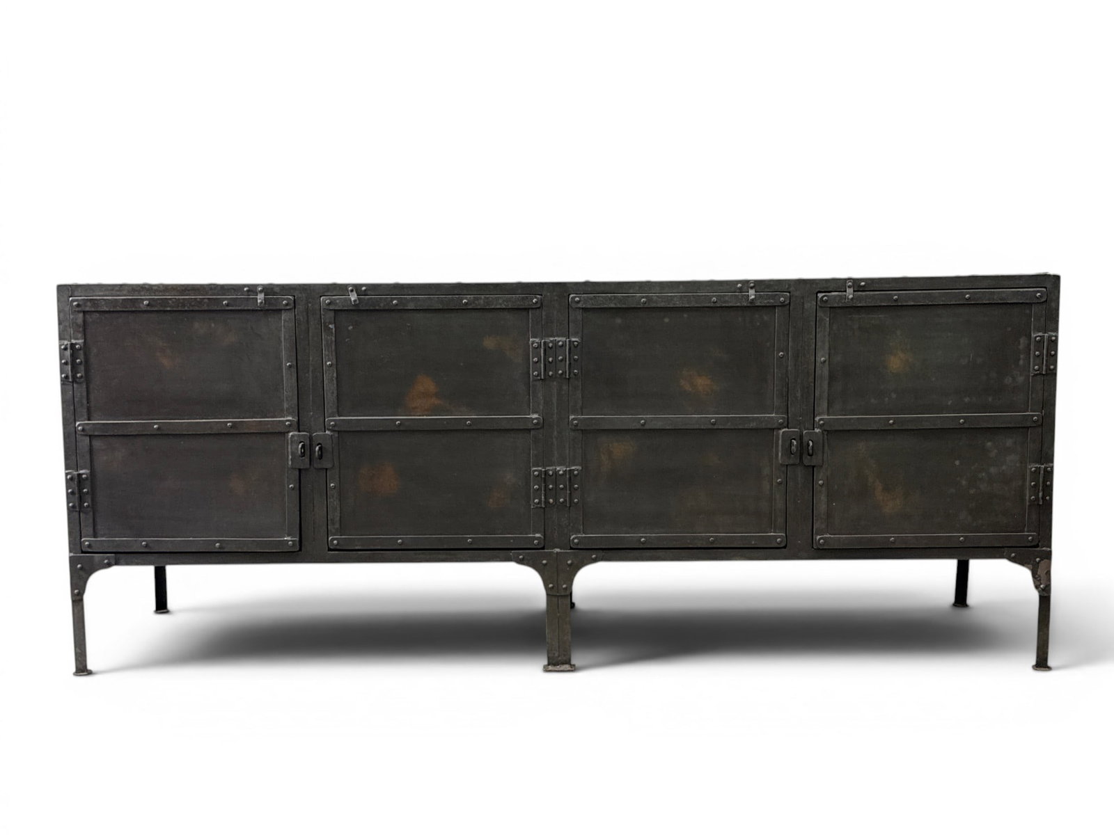 Restoration Hardware Industrial-style Cabinet: A Restoration Hardware industrial-style metal four-door credenza cabinet. Unmarked. 31in tall x 76in wide x 20in deep. | You have additional shipping options, and are not required to use Live Shipping