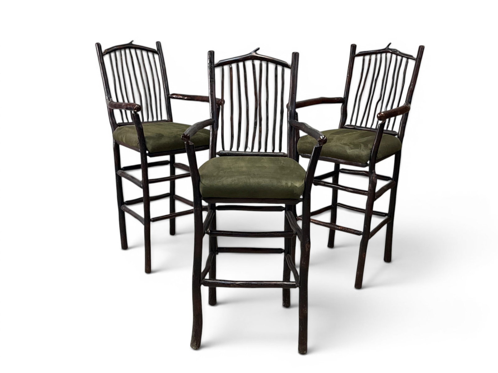 Three Adirondack-style Twig-Form Barstools: A set of three contemporary Adirondack-style twig-form barstools. Each: 49-1/2in tall x 22-1/2in wide x 22in deep. Seat height: 30-1/2in tall. | You have additional shipping options, and are not