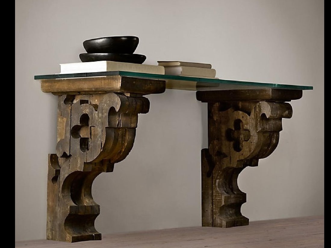 Restoration Hardware Architectural Corbel Console Table: A Restoration Hardware architectural corbel glass-top console table or desk. Approx. 31in tall x 60in wide x 22in deep. | You have additional shipping options, and are not required to use Live