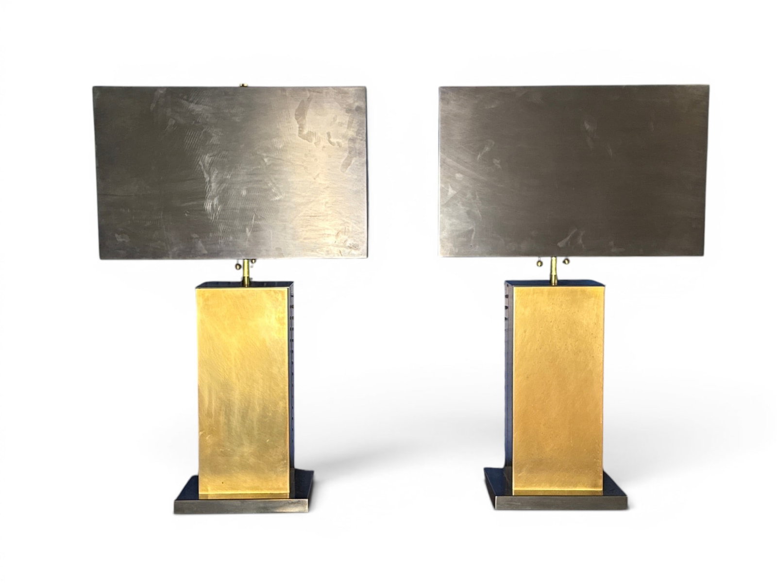 Pair of Thomas O'Brien for Visual Comfort Dixon Lamps: A pair of Thomas O'Brien for Visual Comfort "Dixon" table lamps with bronze bases and patinated brass shades. 29-3/4in tall x 18in wide x 13-1/2in deep. | You have additional shipping options, and are