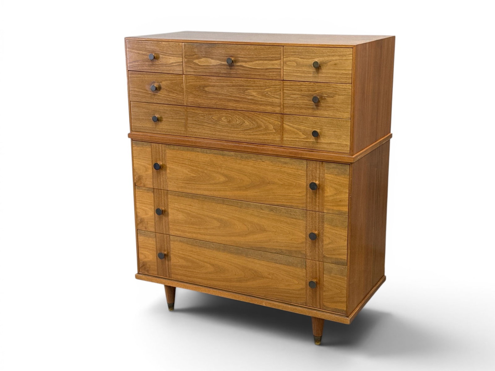 Johnson Furniture American Modern Walnut Chest: A Johnson Furniture American midcentury modern tall chest of drawers. 48in tall x 40in wide x 19in deep. | You have additional shipping options, and are not required to use Live Shipping. Additional s